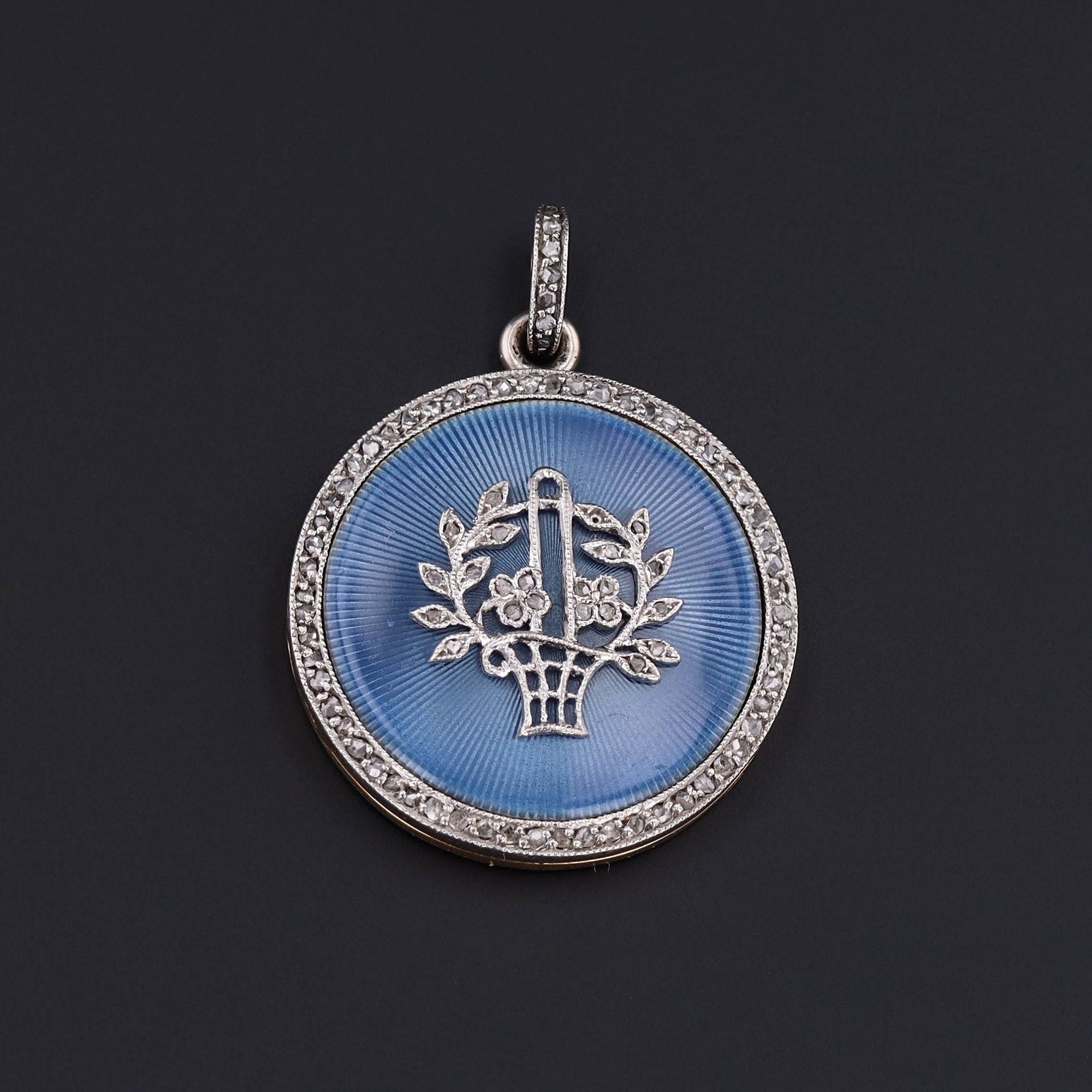 Antique Flower Basket Locket | Diamond & Guilloche Enamel Locket 