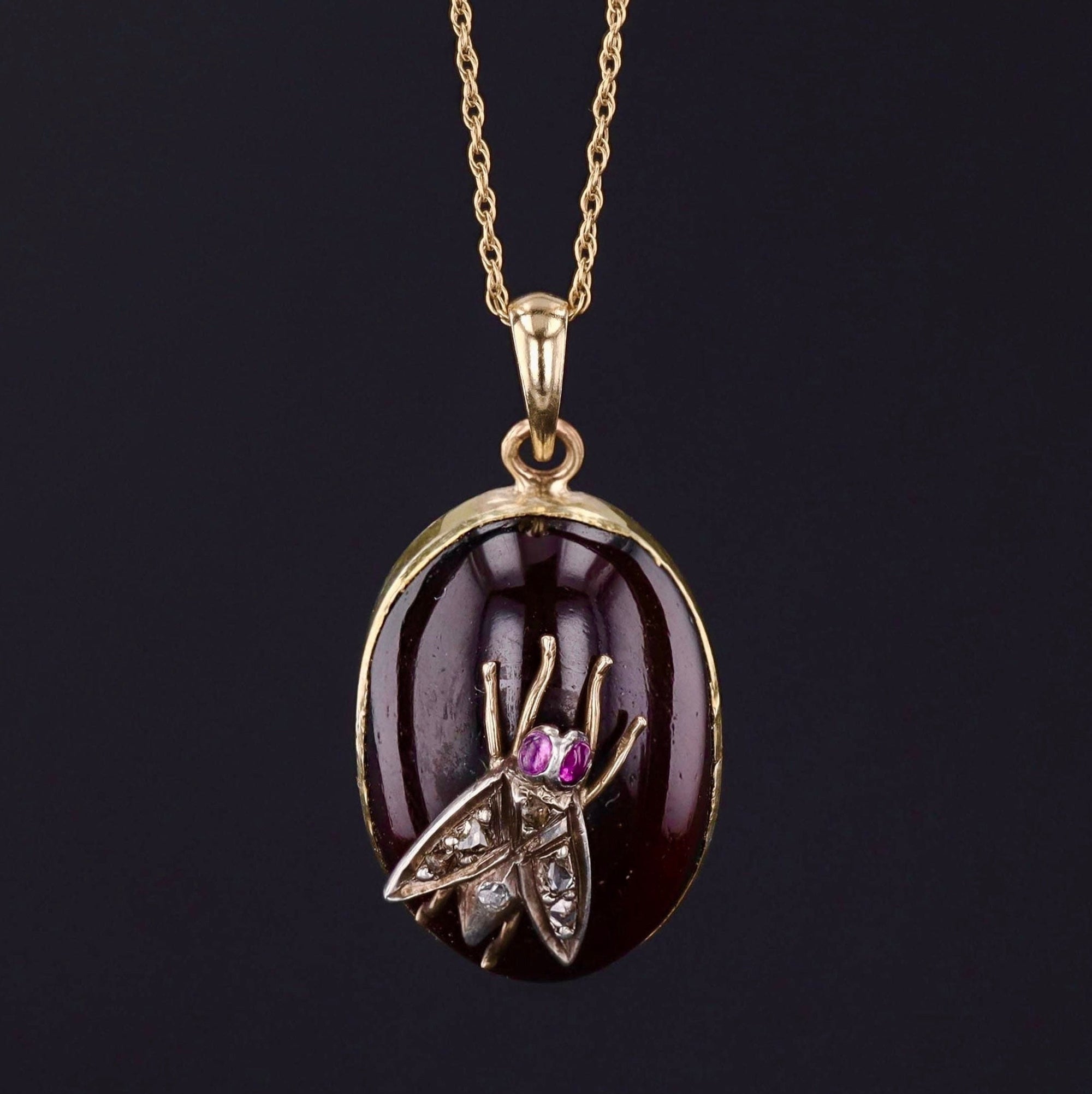 Antique Insect Pendant or Charm | Antique Garnet & Diamond Fly Pendant with Optional 14k Chain 