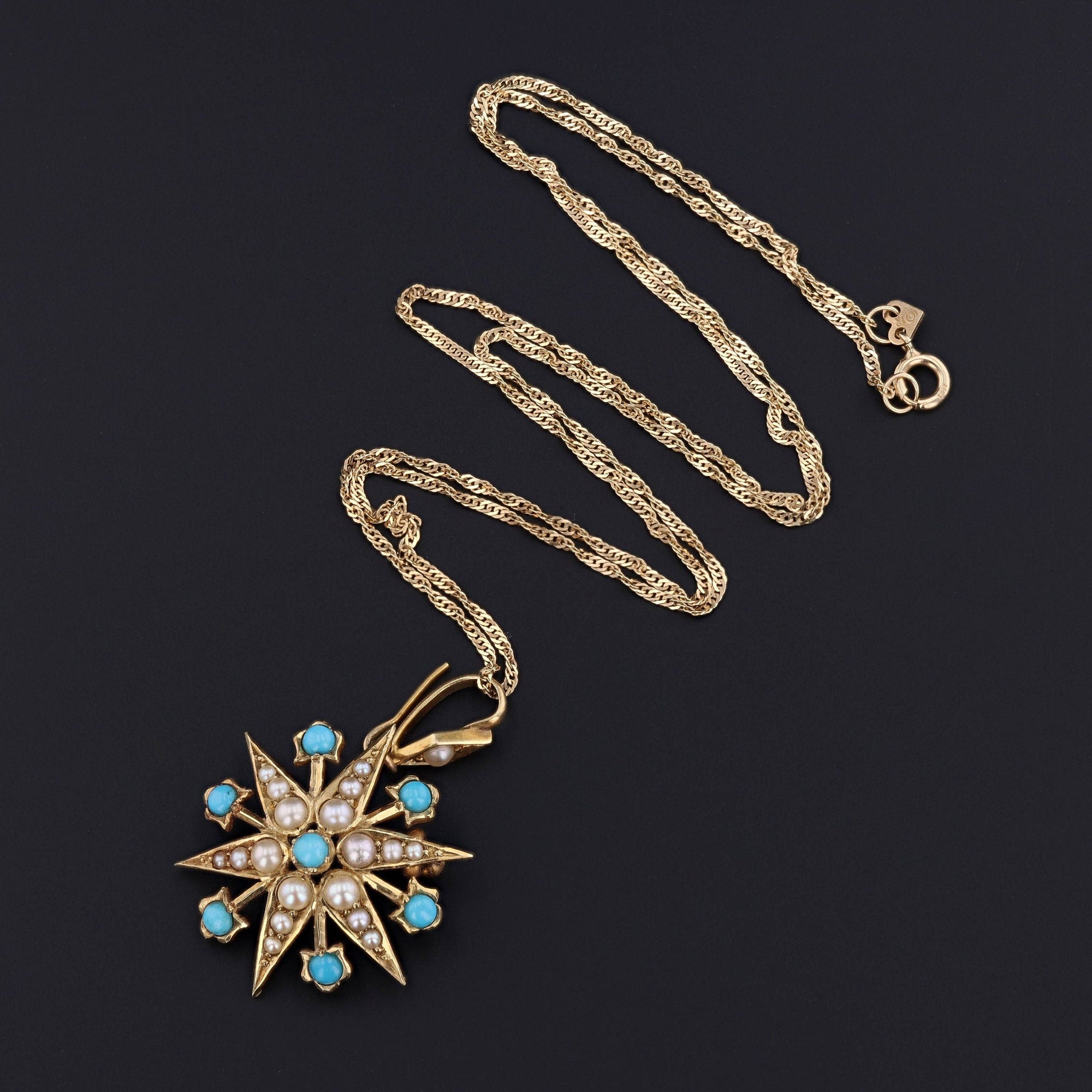 Antique Turquoise & Pearl Star Brooch or Pendant | 14k Gold Pendant on Optional 14k Chain 