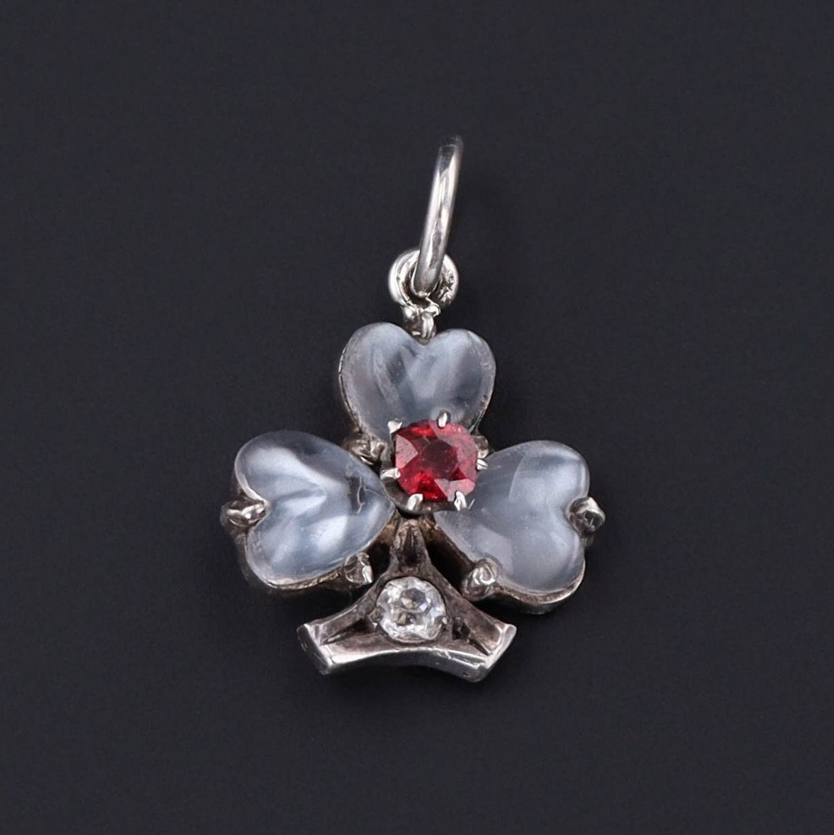 Antique Clover Charm | Silver, Moonstone & Red Glass 