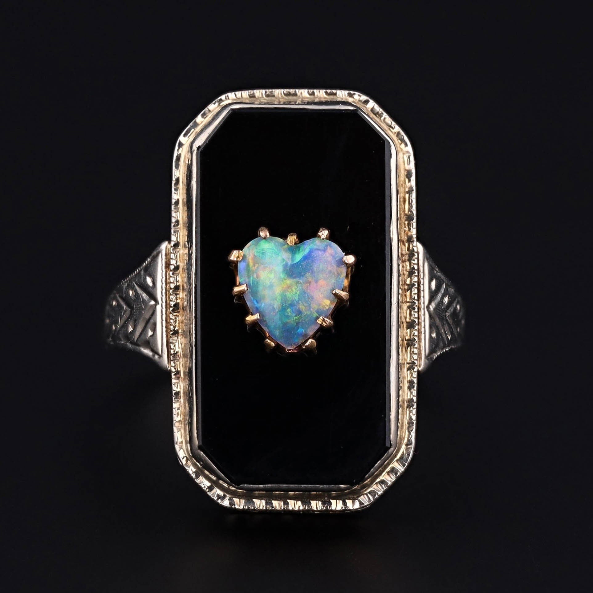 Vintage Onyx and Opal Heart Conversion Filigree Ring of 14k White Gold