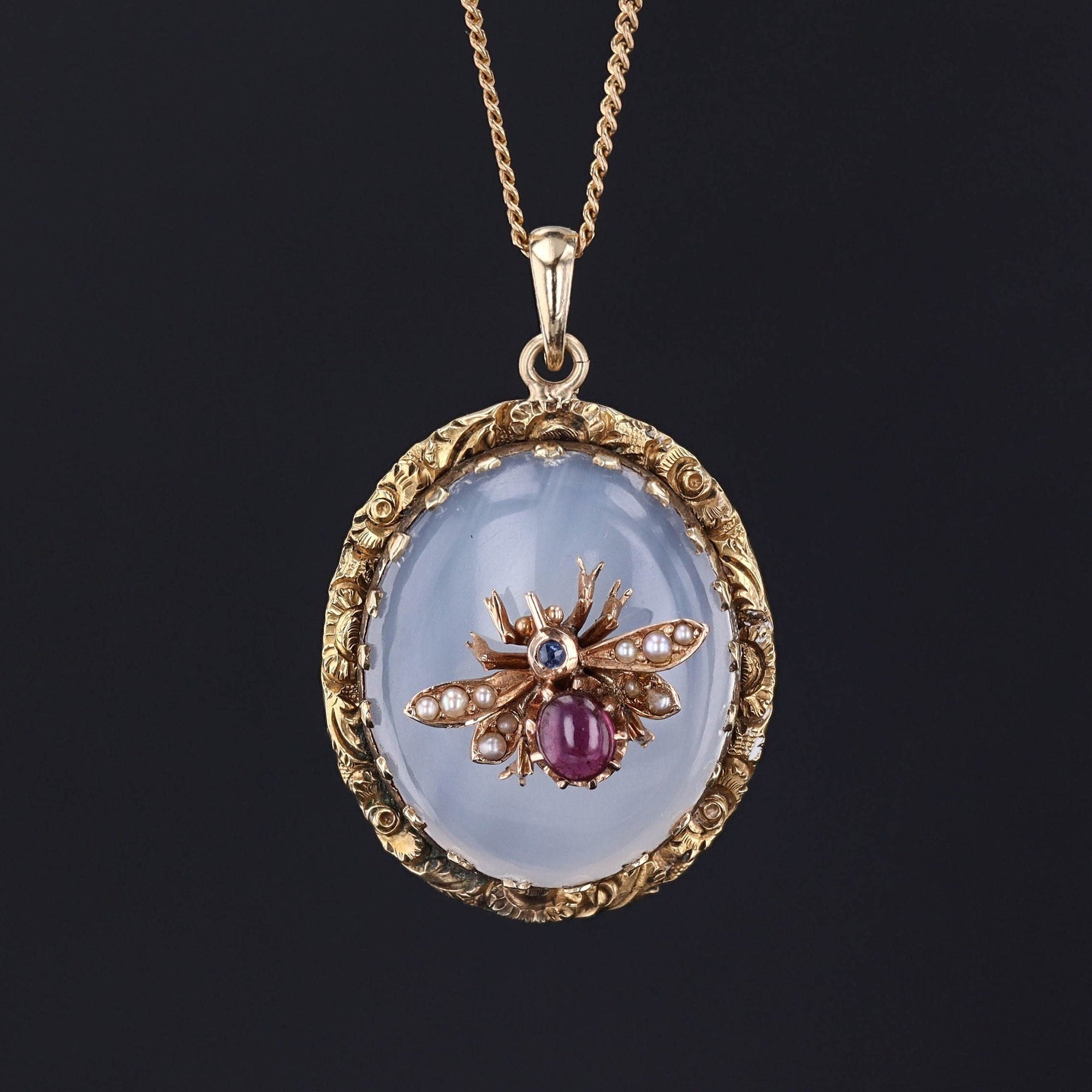 Antique Chalcedony Necklace | Garnet and Pearl Insect Pendant 