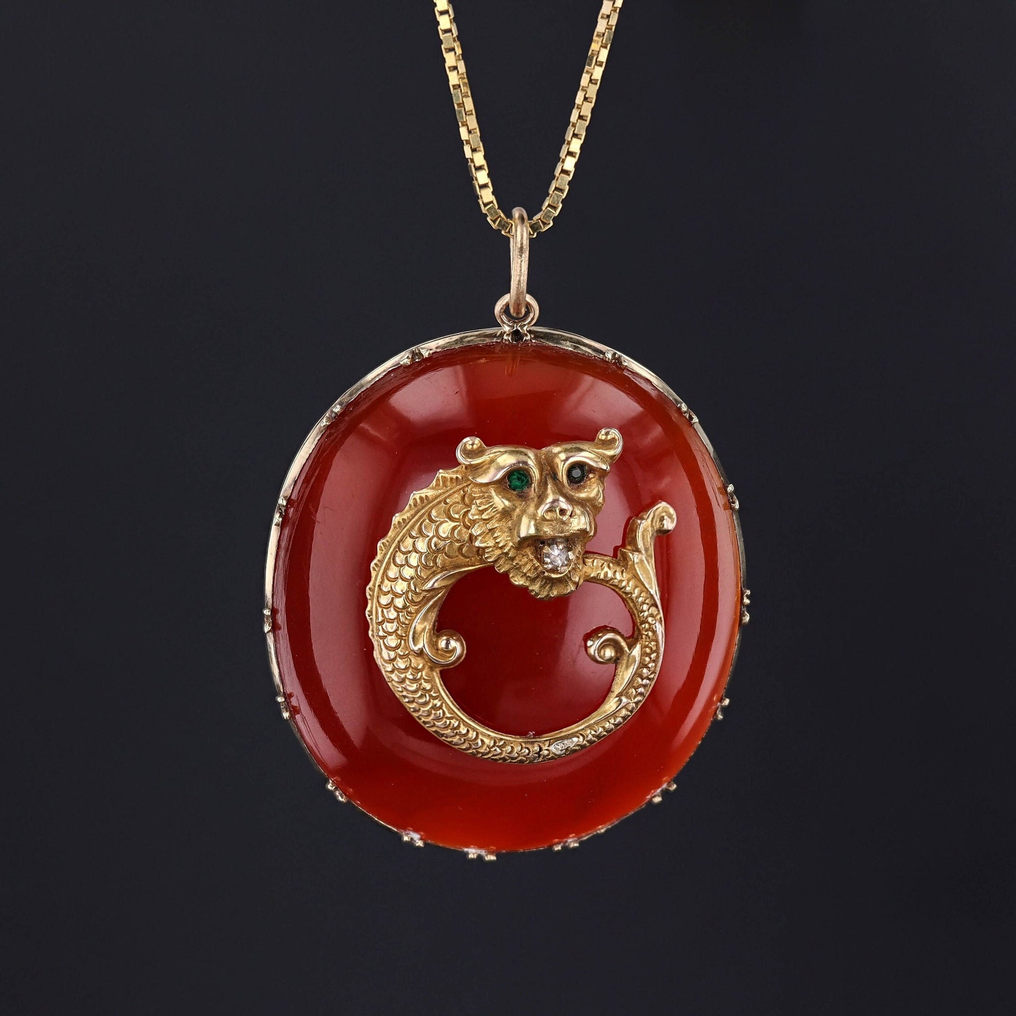 Antique Dragon Necklace | 14k Gold, Carnelian & Diamond 