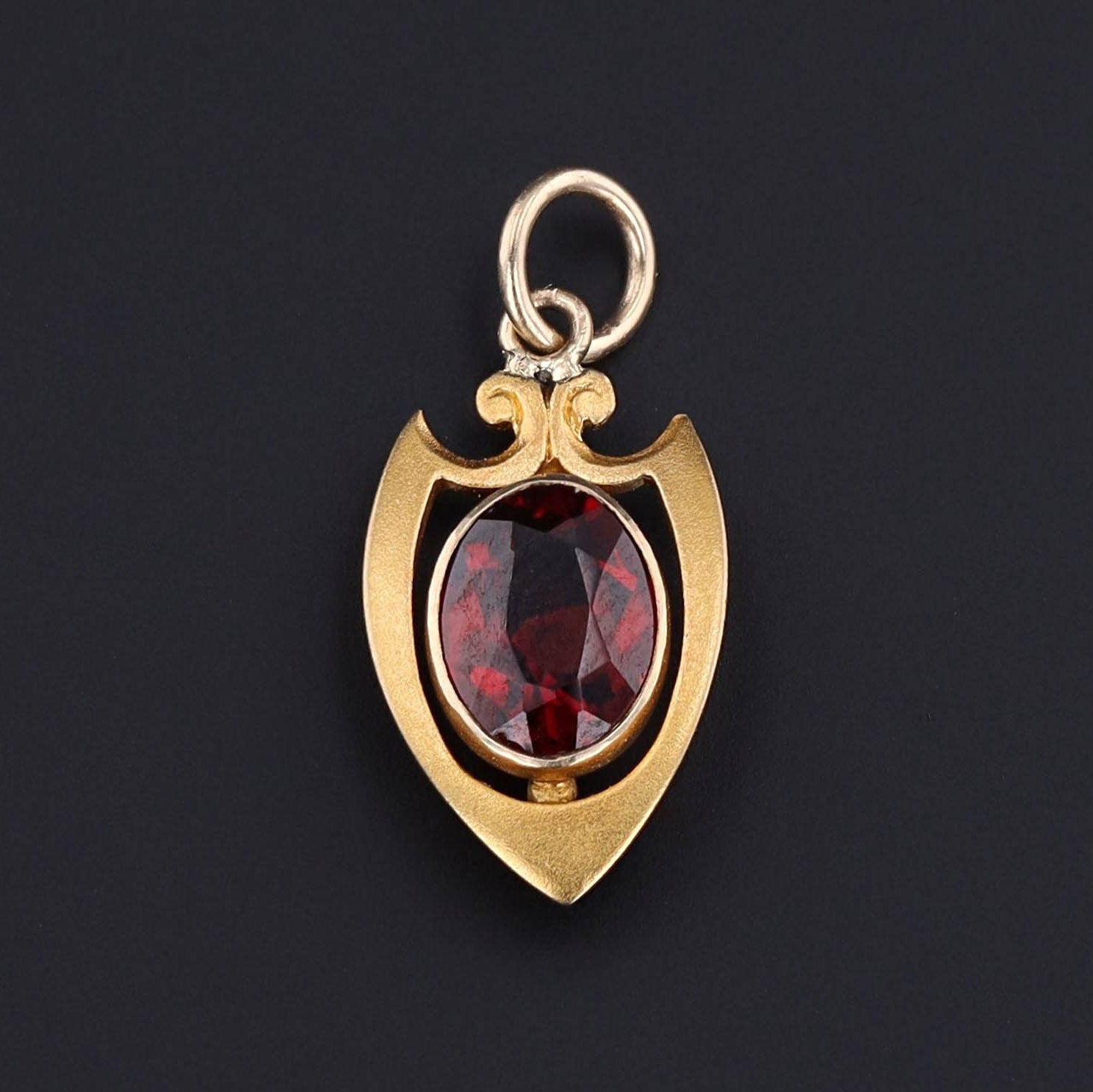 Antique Garnet Shield Charm | 14k Gold & Garnet Charm 