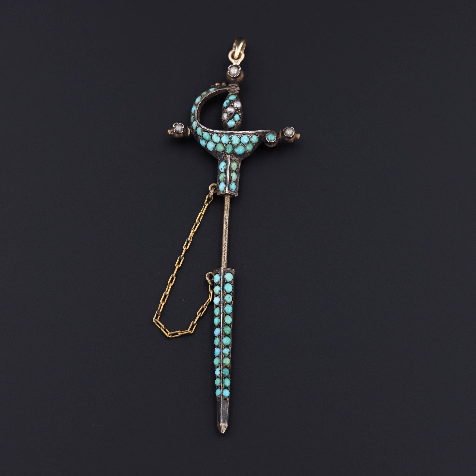 Antique Dagger or Sword in Sheathe Pendant | Silver & Turquoise Pendant 