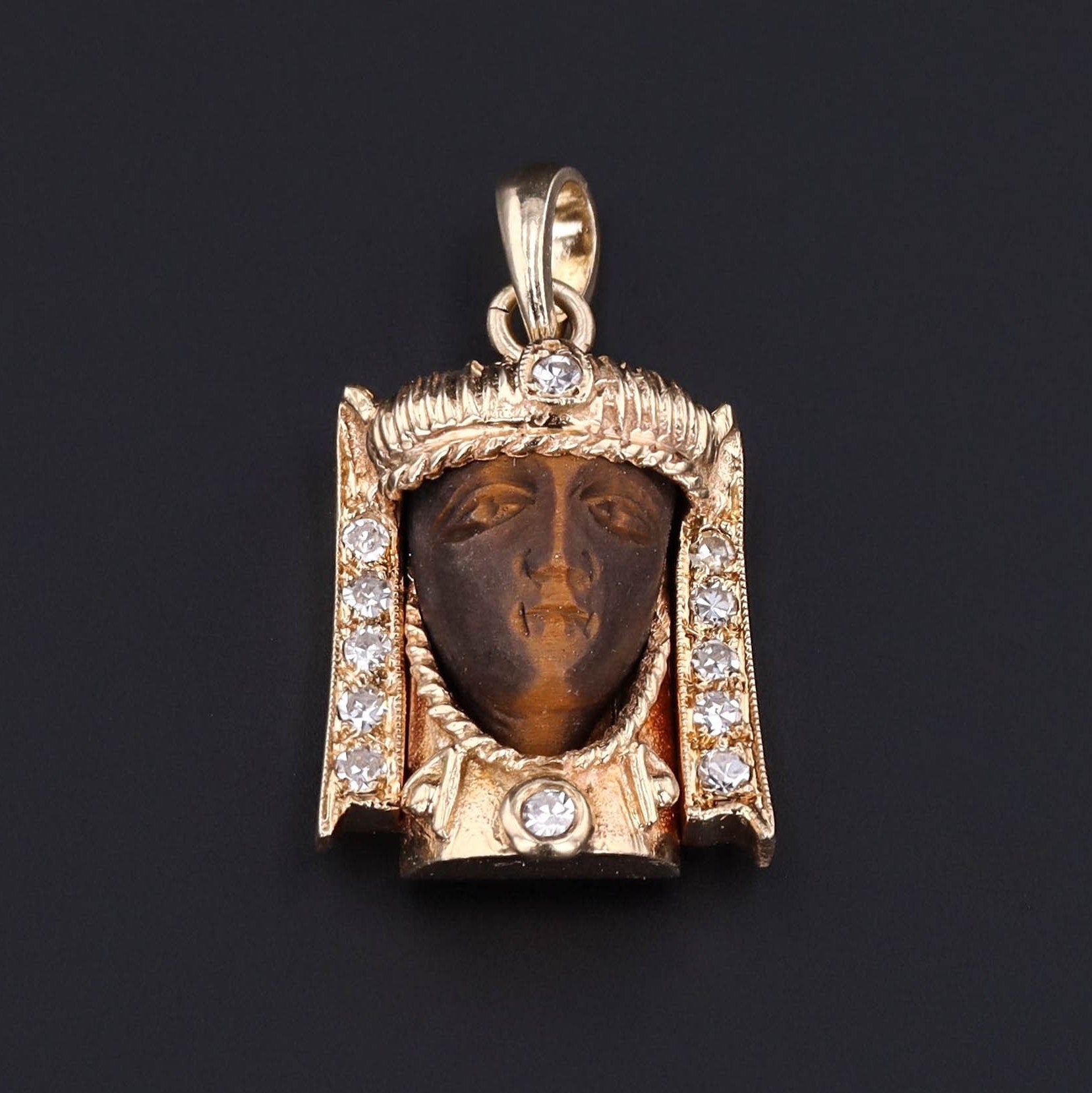 Pharaoh Charm or Pendant | 14k Gold, Diamond & Carved Tiger's Eye 