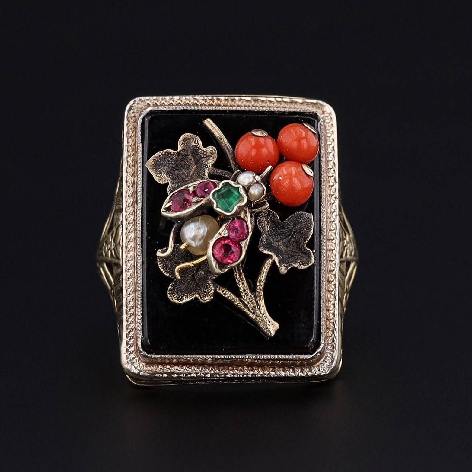 Onyx Ring | 14k Gold, Onyx, Coral & Glass Insect in Garden Ring 