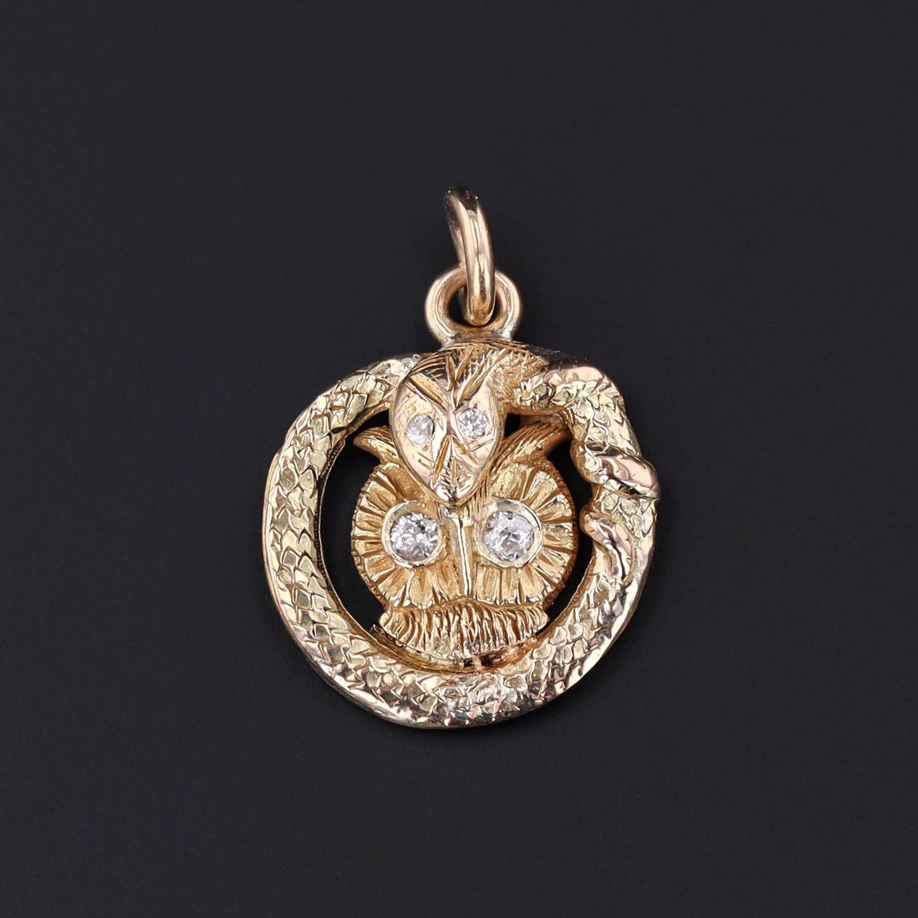 Owl and Snake Charm | 14k Gold & Diamond Charm 