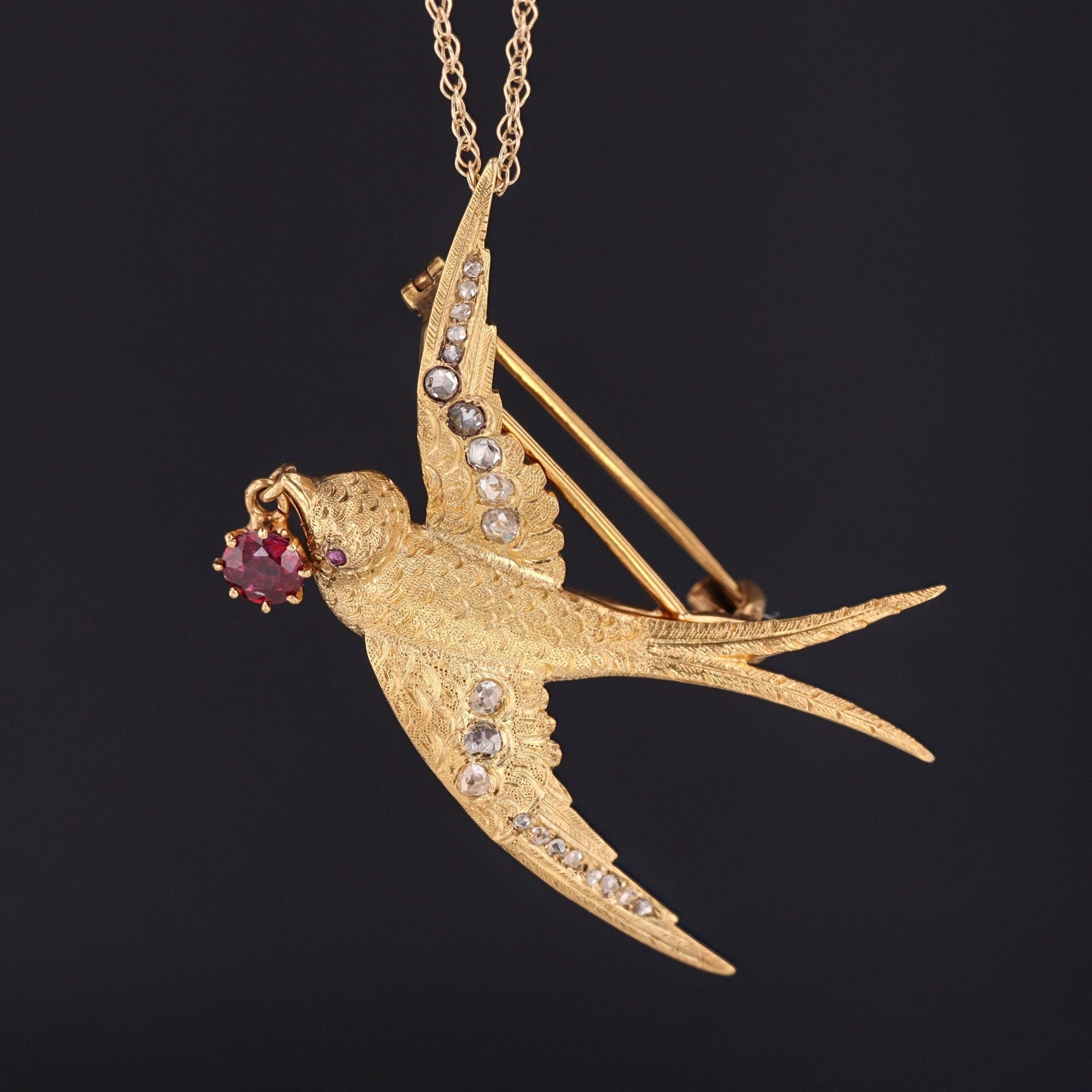 Antique Diamond and Ruby Swallow Bird Pendant or Brooch of 14k