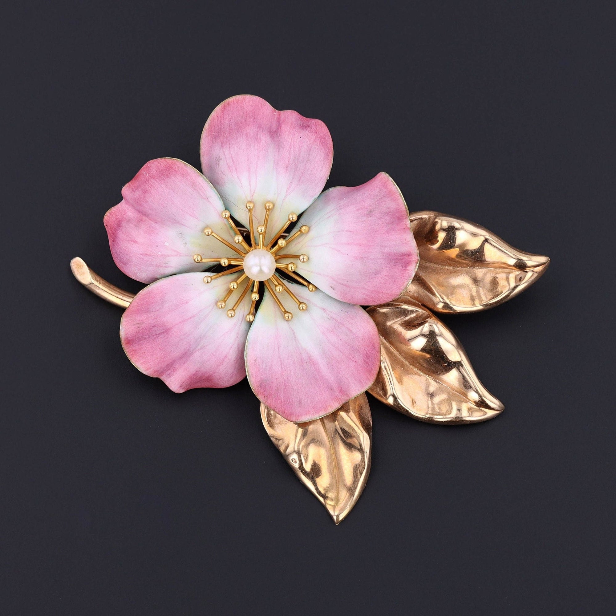 Vintage Flower Brooch | 14k Gold, Enamel & Pearl Brooch 