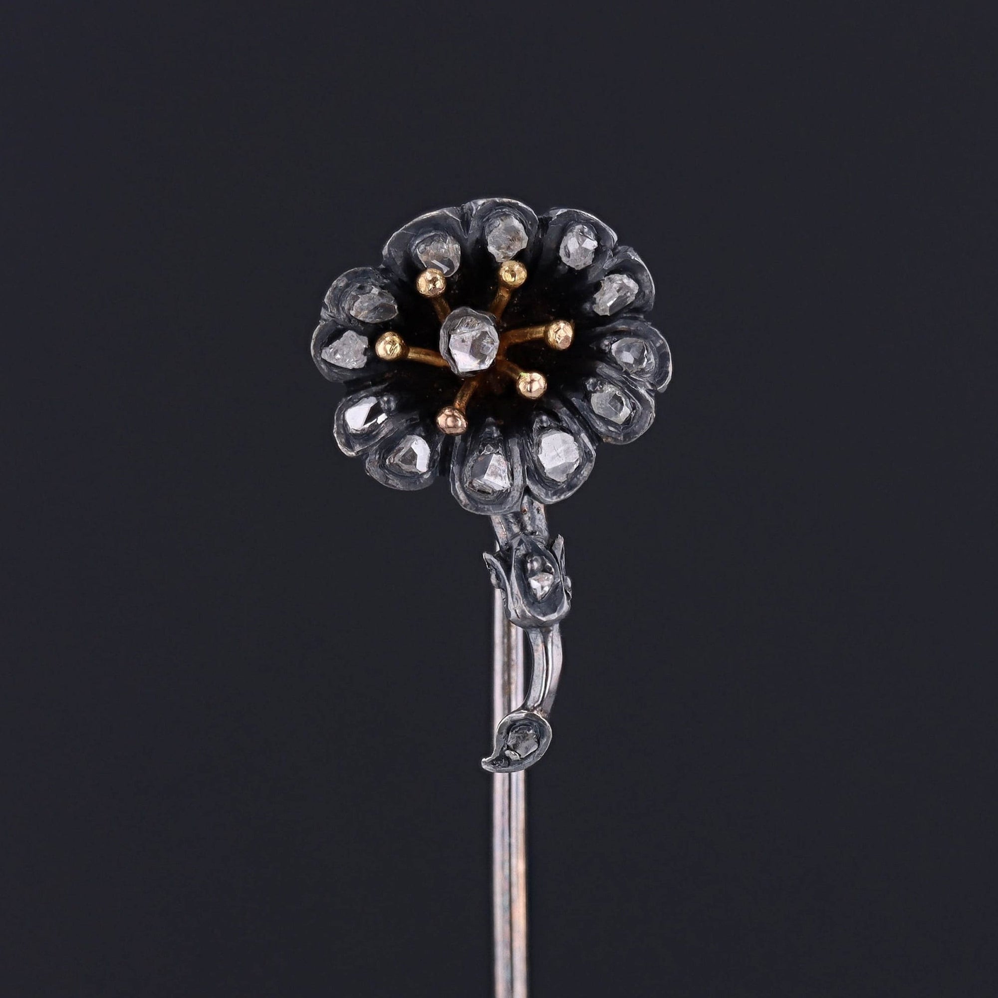 Antique Gold & Diamond Flower Stick Pin | Antique Flower Stick Pin 