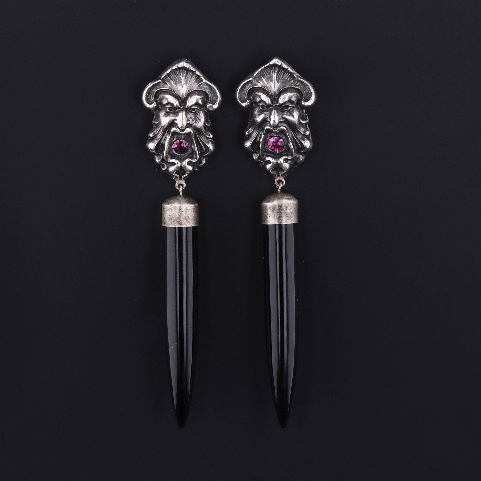 Green Man Earrings | Silver, Black Jade & Garnet Earrings 