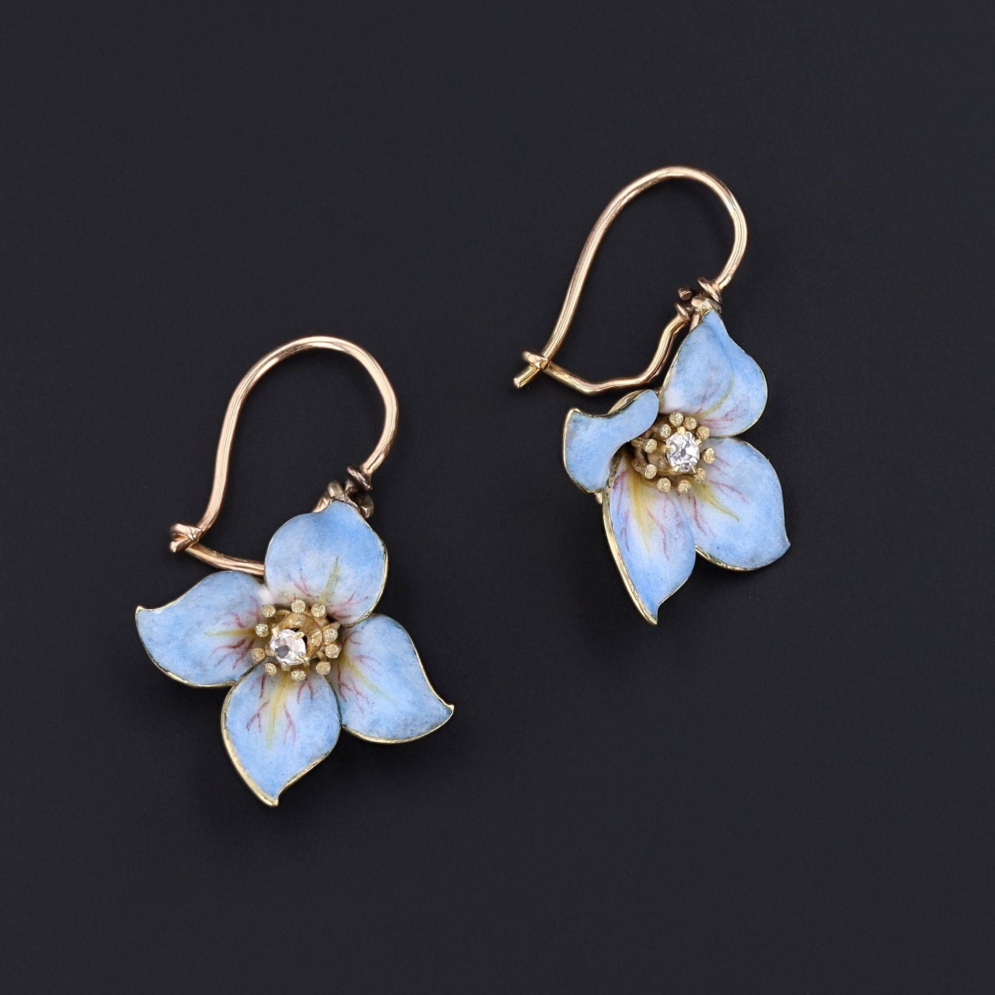 Blue Enamel Flower Earrings | 14k Gold, Diamond & Enamel 