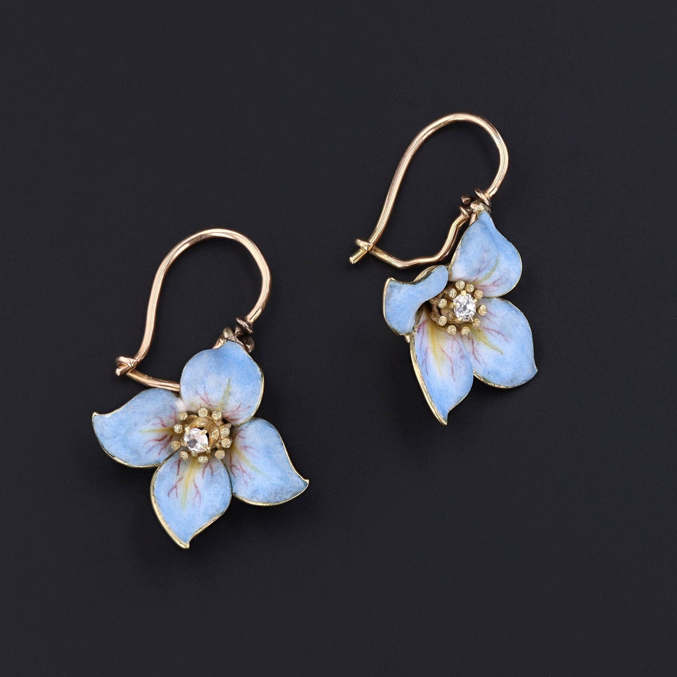 Blue Enamel Flower Earrings  14k Gold, Diamond & Enamel - Trademark  Antiques