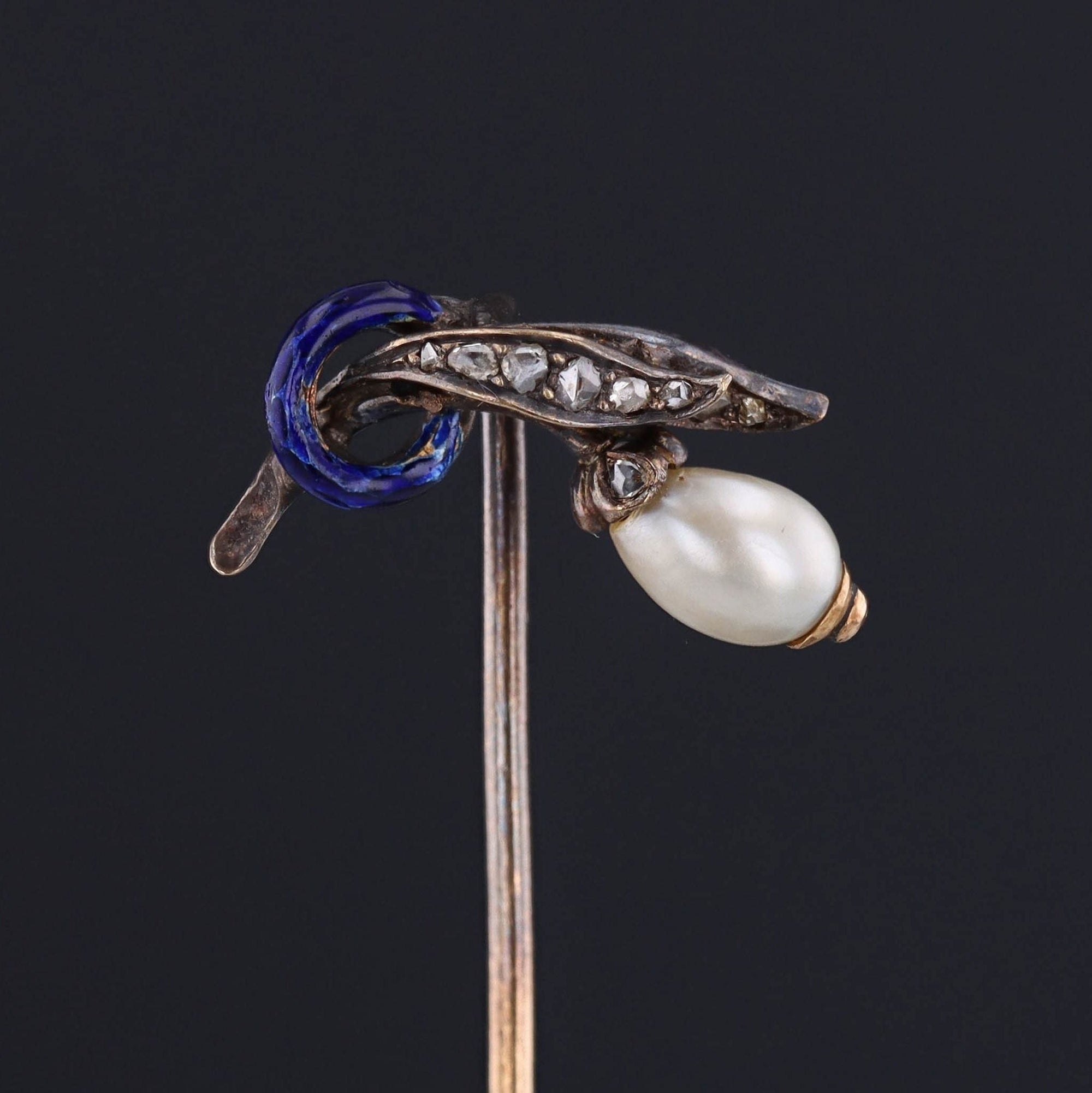 Antique Pearl & Diamond Stick Pin | Silver Topped 14k Gold Stick Pin 