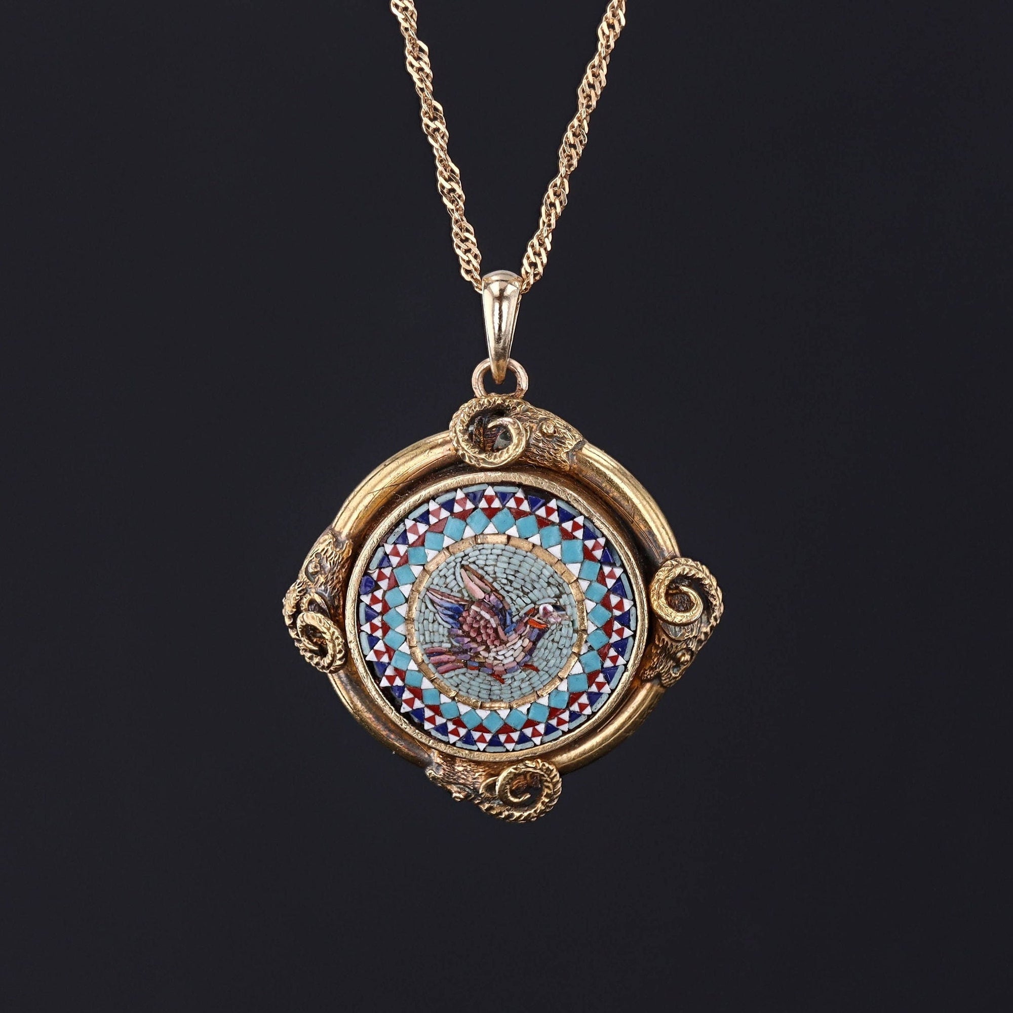 Antique Micromosaic Necklace | Victorian Bird Pendant 