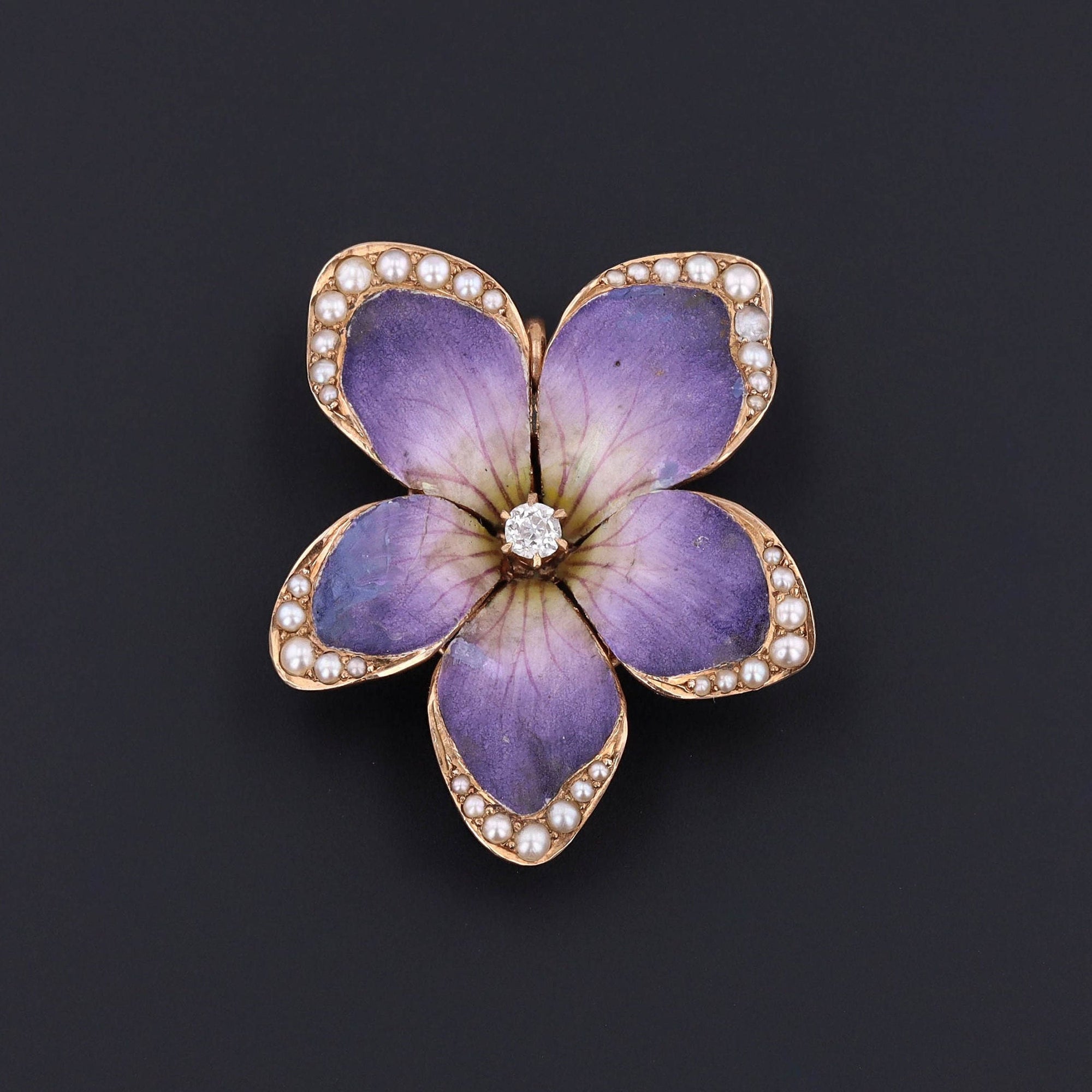 Antique Pansy Brooch and Pendant | Antique Enamel Pansy with Pearls & Diamond 