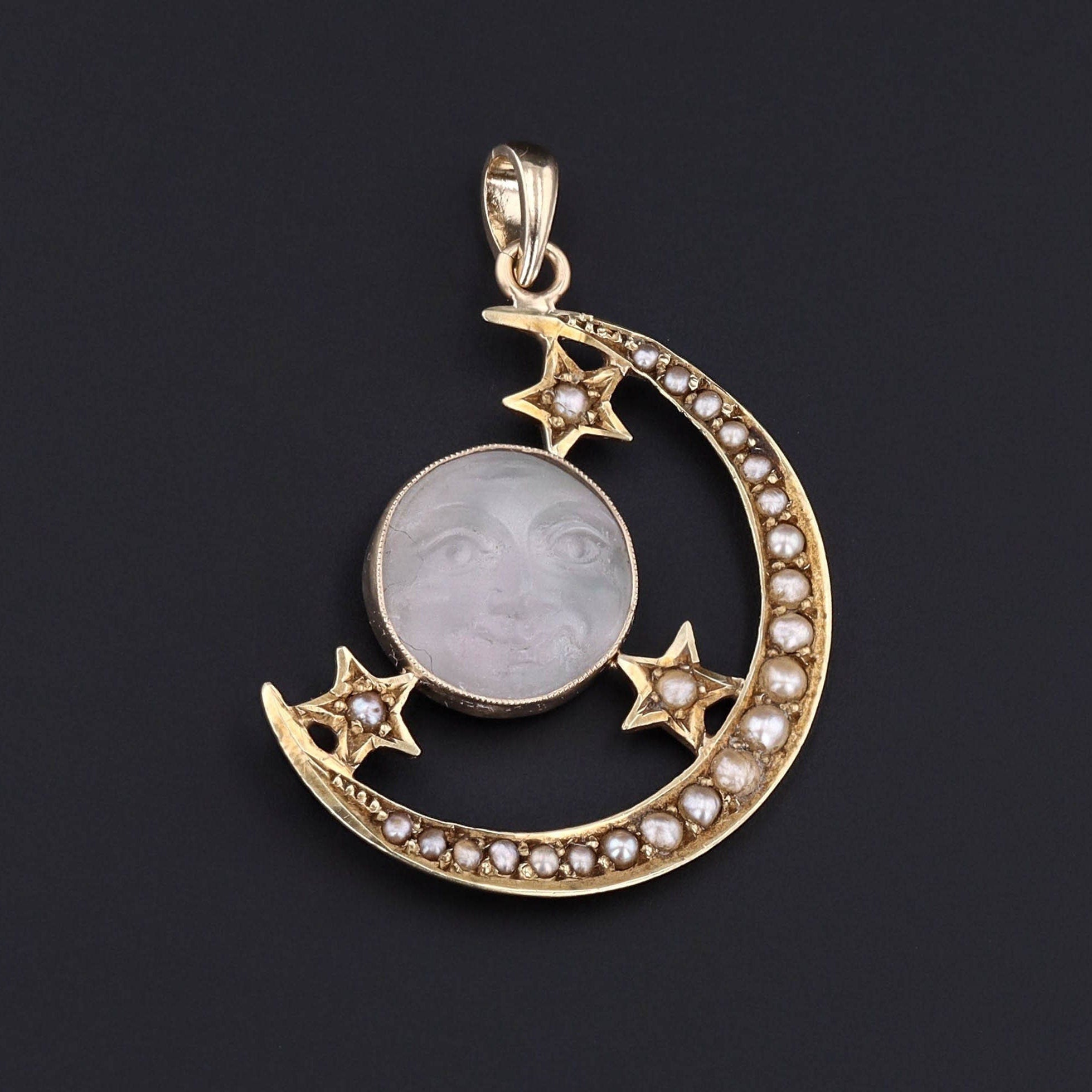 Man in the Moon Pendant | Carved Glass Moon Pendant with Pearls 