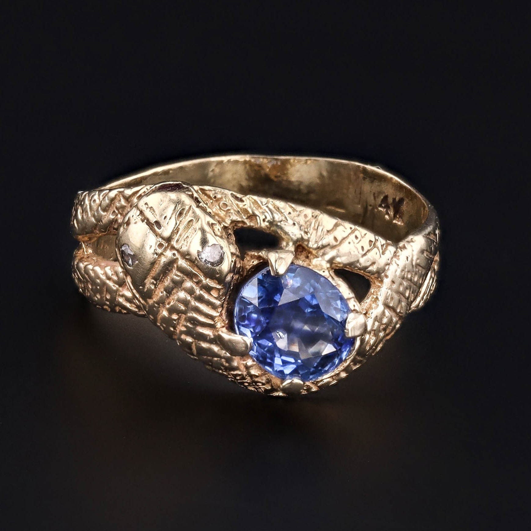 Vintage Snake Ring | 14k Gold, Natural Sapphire & Diamond Ring 