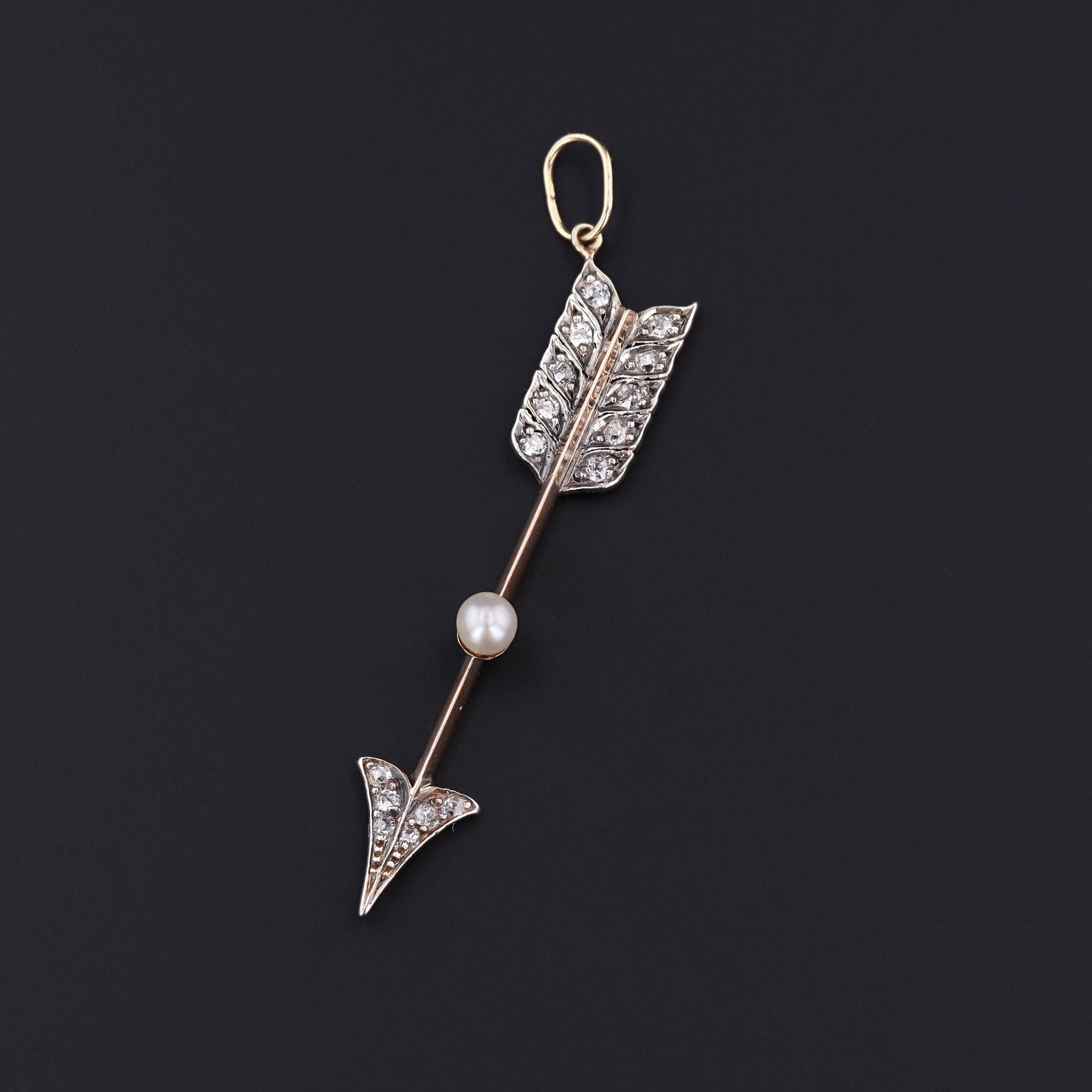 Antique Arrow Pendant | 14k Gold Diamond & Pearl Pendant 