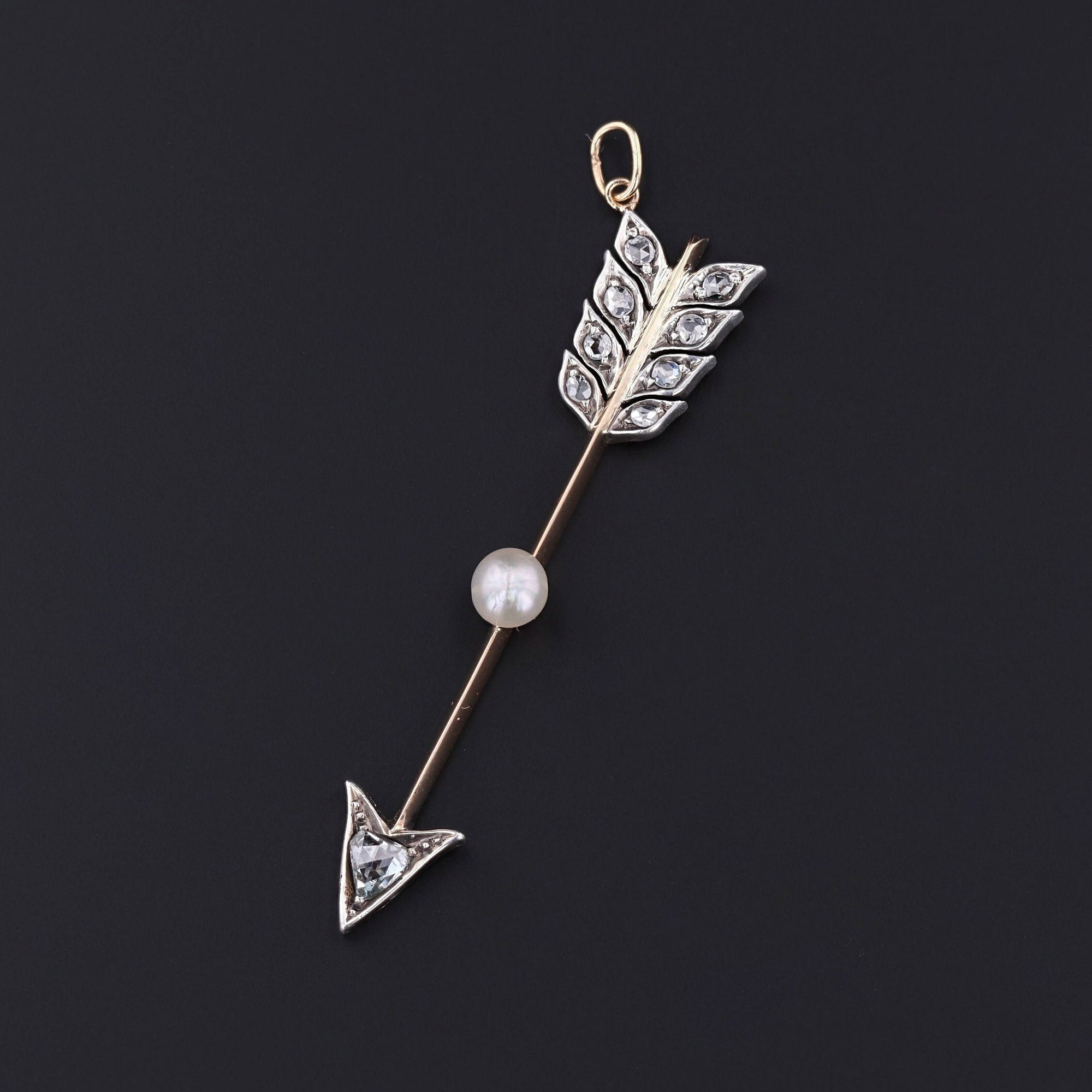 Antique Arrow Pendant | 14k Gold, Diamond & Pearl Pendant 