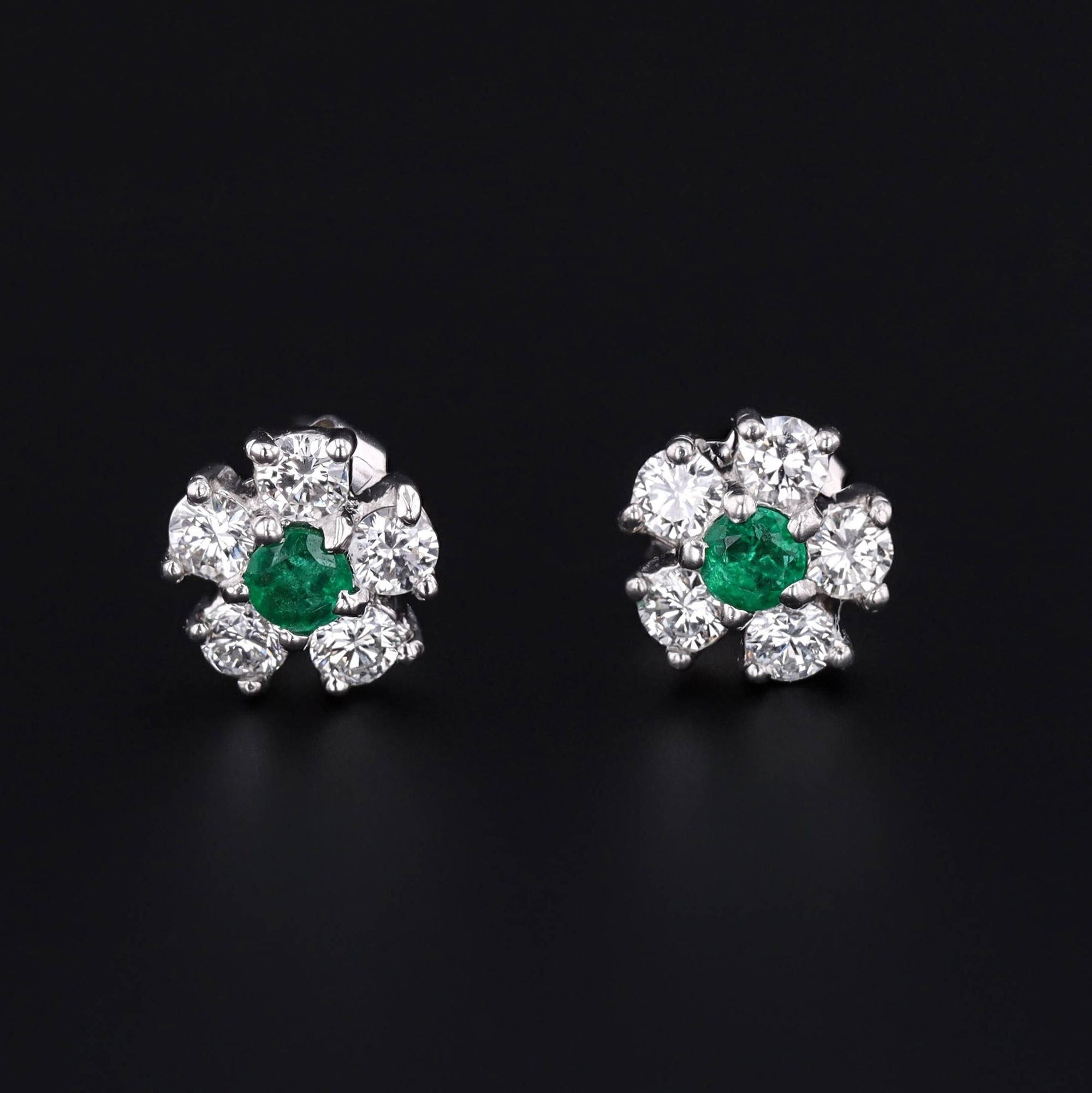 Emerald & Diamond Flower Earrings | Platinum and 14k White Gold Earrings 