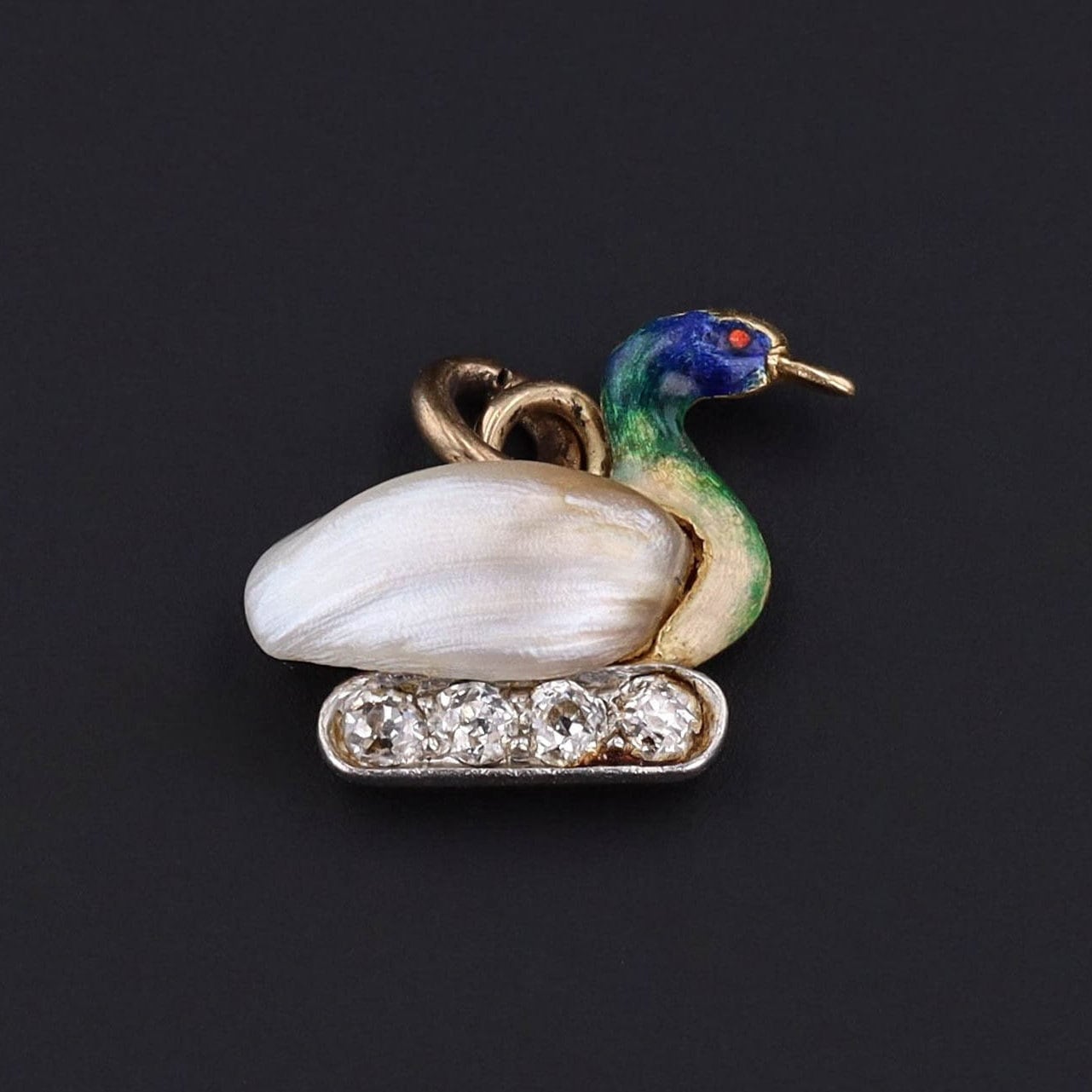Antique Duck Charm | 14k Gold, Enamel, Pearl & Diamond Charm 
