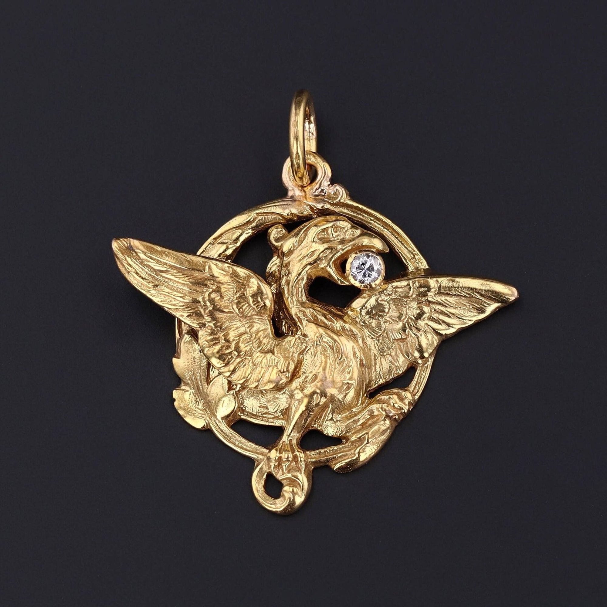 Antique Griffin Pendant | 14k Gold & Diamond Pendant 