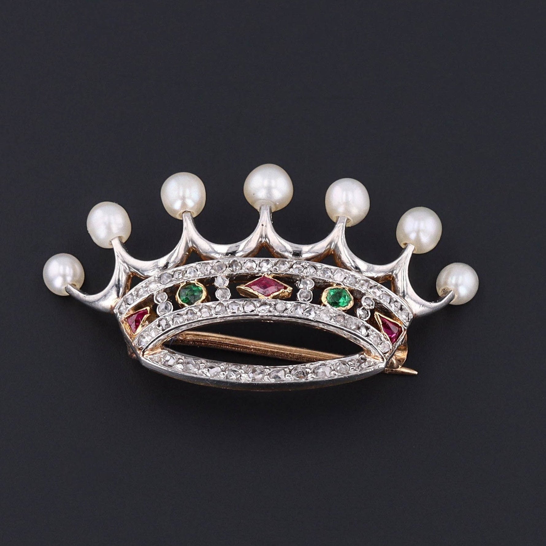 Antique Crown Brooch | 14k Gold, Platinum, Diamond, Ruby, Tsavorite Garnet & Pearl 