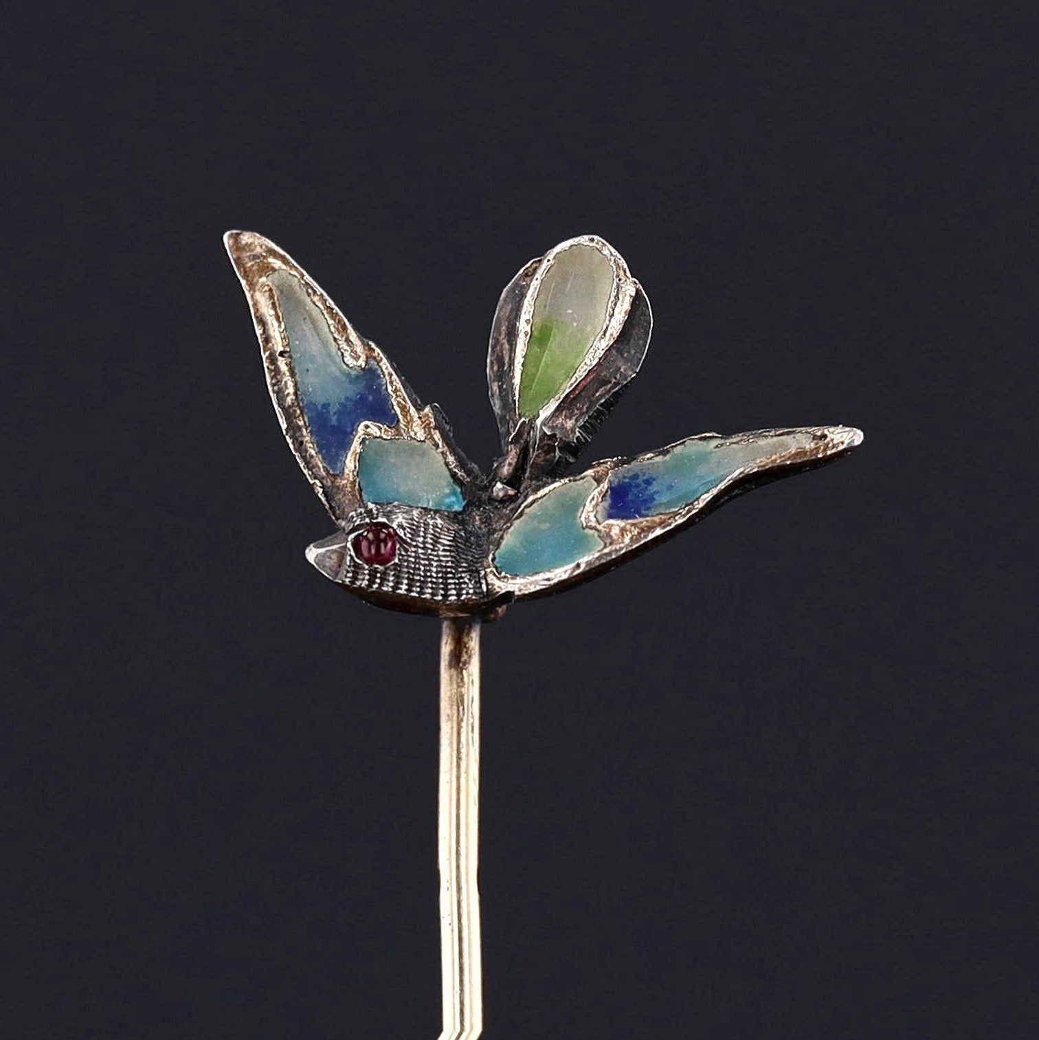 Antique Plique a Jour Bird Stickpin | Silver & Enamel Stick Pin 
