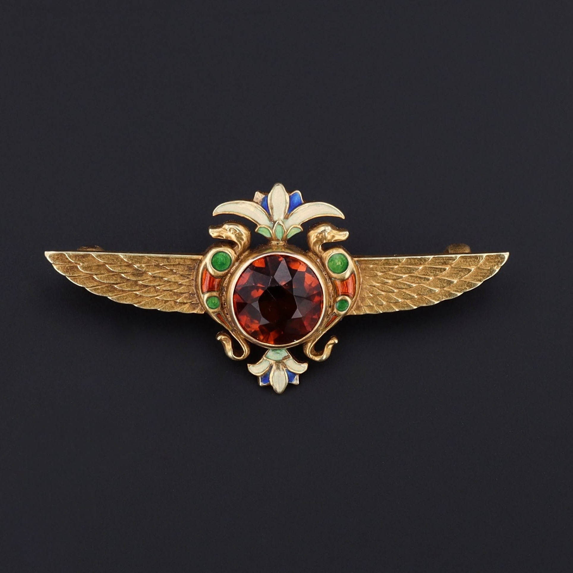 Egyptian Revival Brooch | 14k Gold, Citrine & Enamel Brooch 