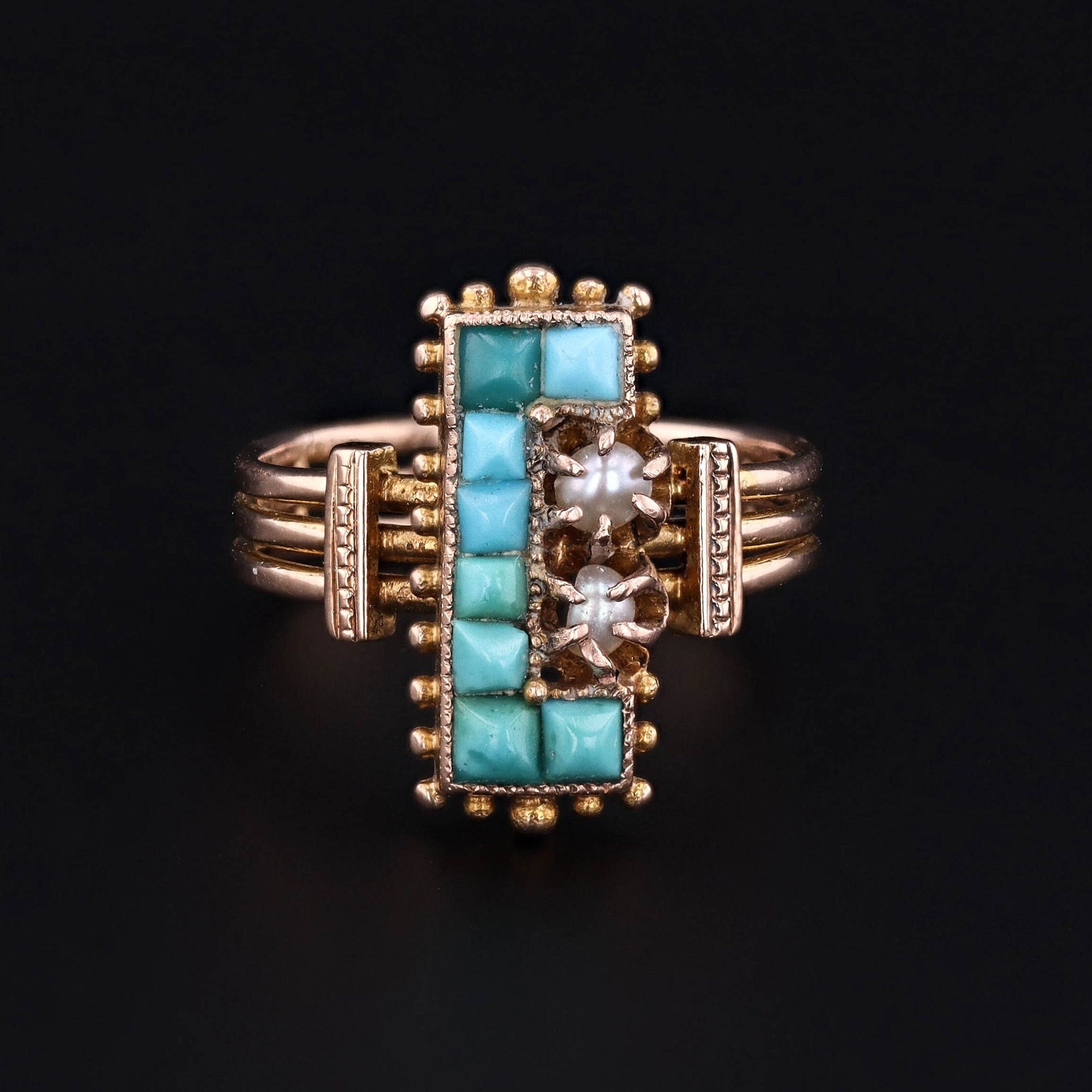 Antique Turquoise Ring | 14k Gold, Turquoise & Pearl Ring 