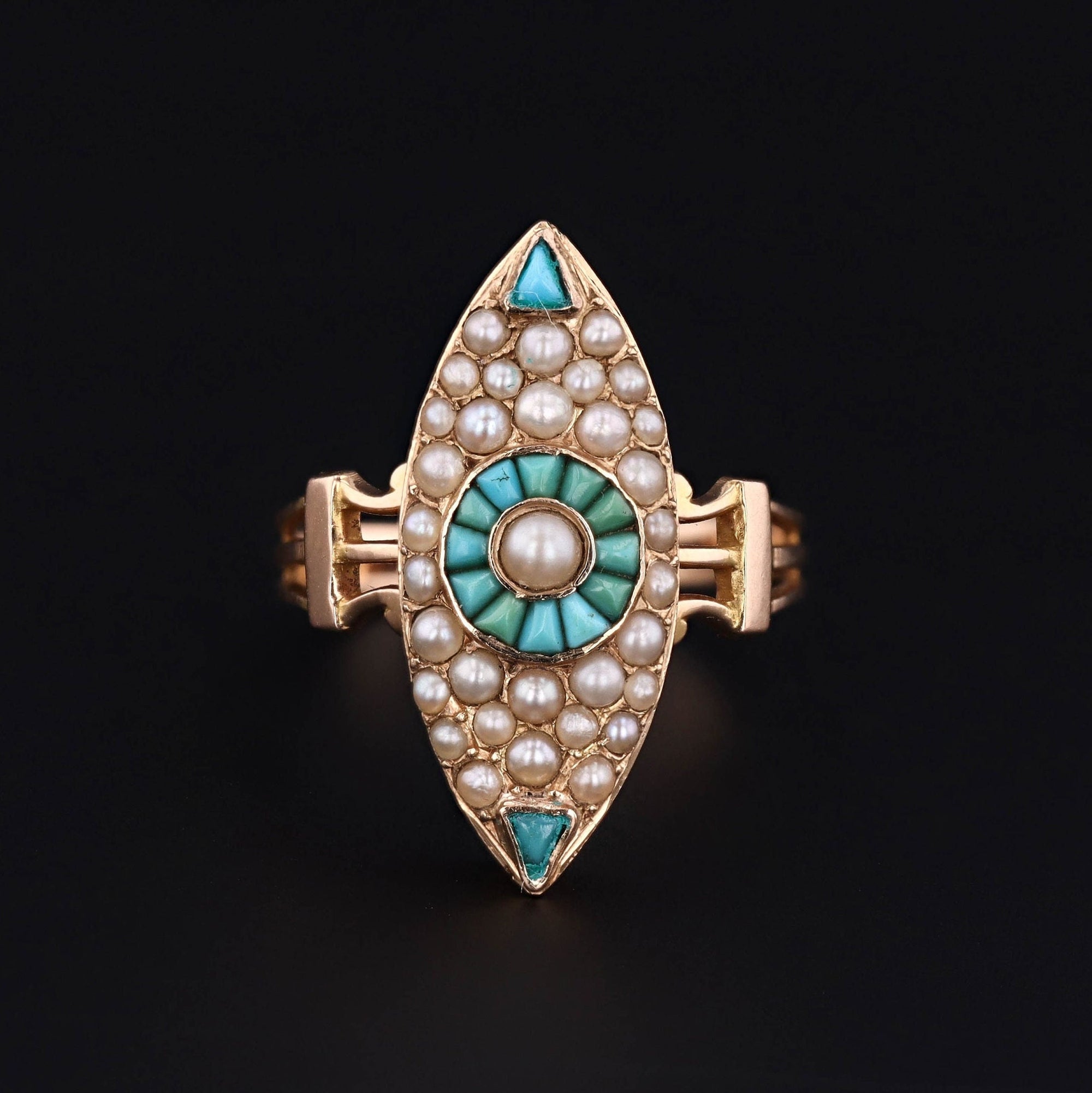 Victorian Pearl and Turquoise Navette Ring of 14k Gold