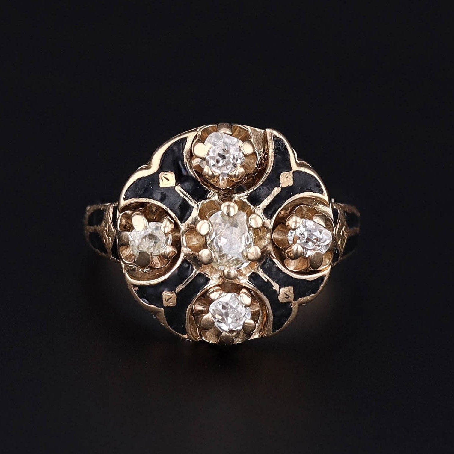 Antique Diamond Ring | 14k Gold, Diamond & Black Enamel Ring 