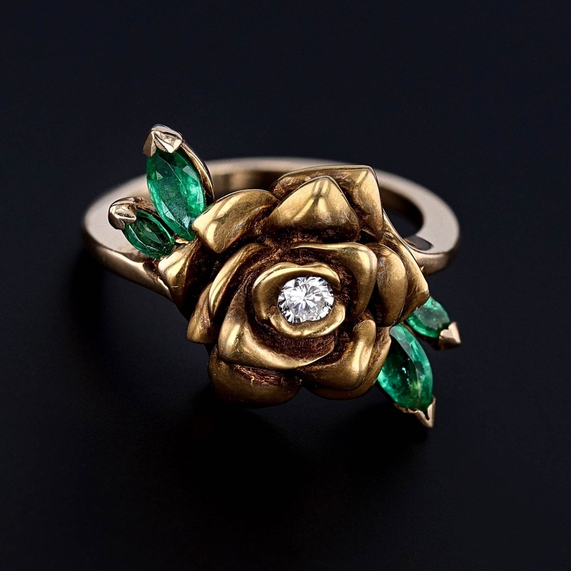 Vintage Rose Ring | Diamond & Emerald Rose Ring 