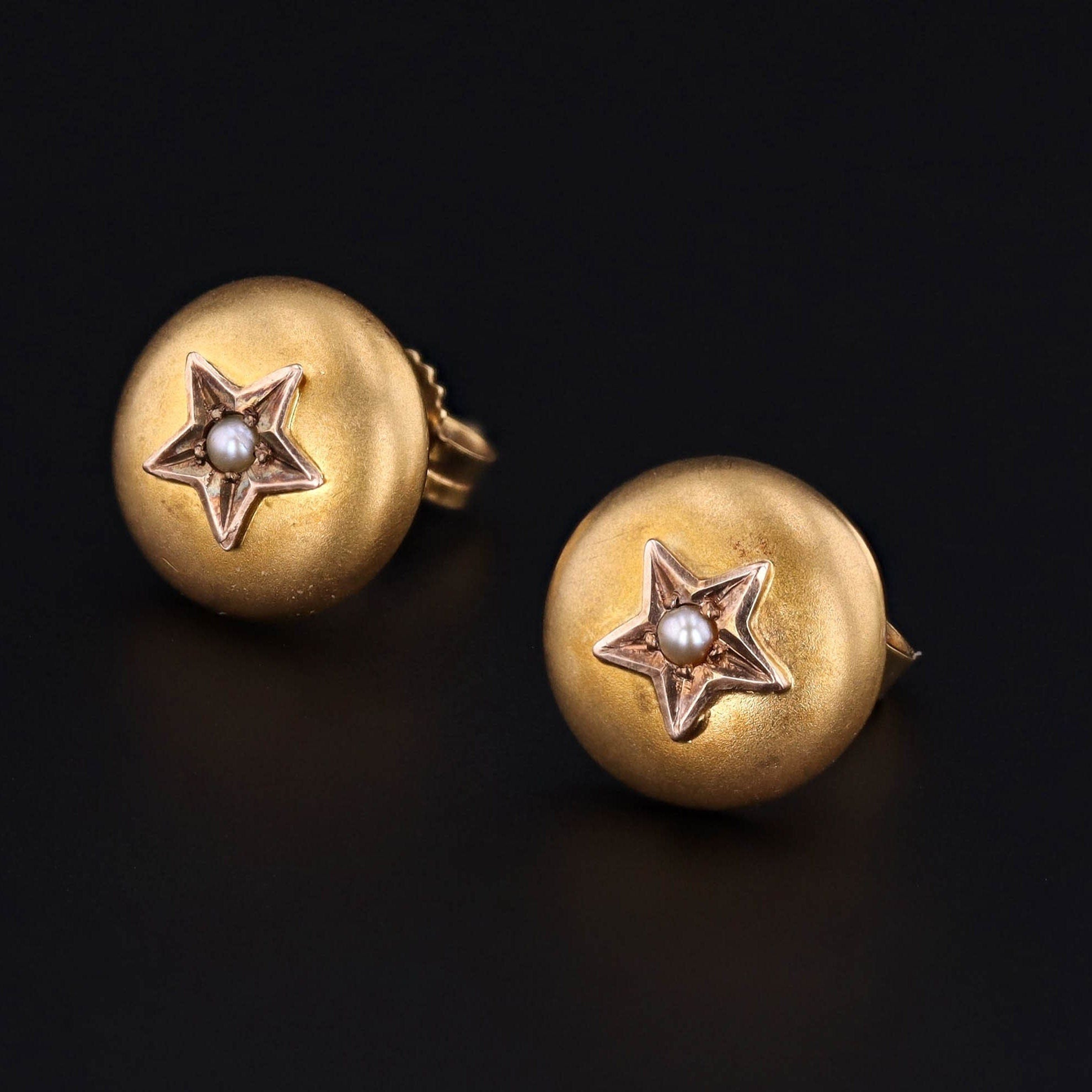 14k Gold Pearl Star Earrings | Antique Shirt Stud Conversion Earrings 