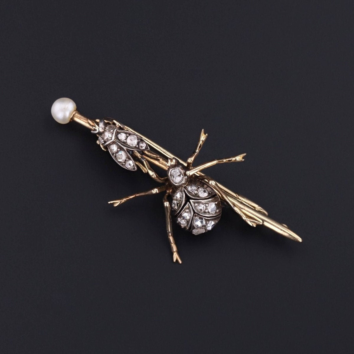 Antique Insect Brooch | 14k Gold, Silver, Diamond & Pearl Pin 