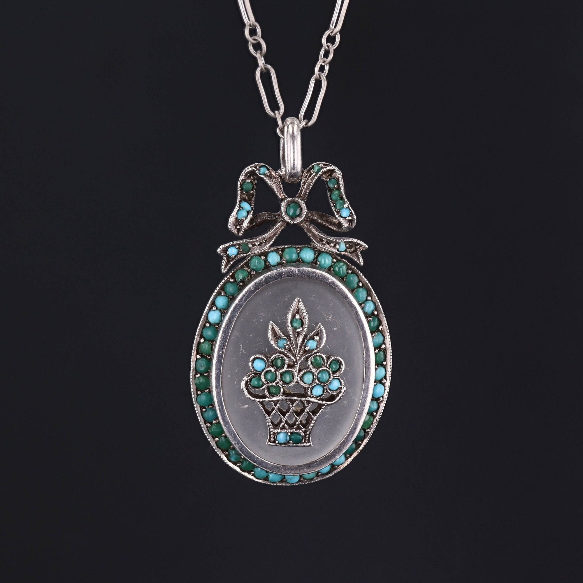 Flower Basket Necklace | Silver, Turquoise & Frosted Rock Crystal Pendant 