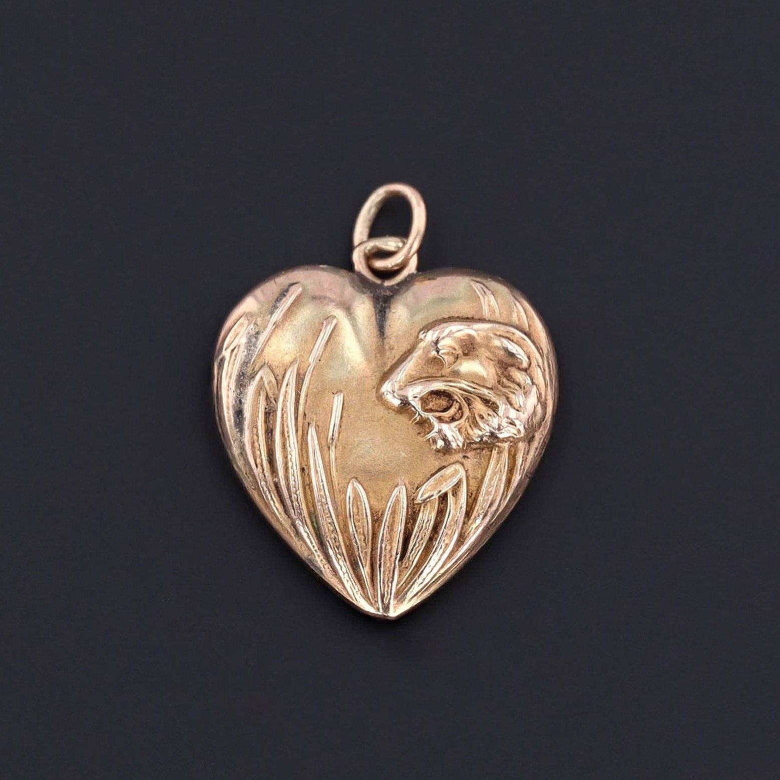 Antique Lion Heart Pendant | 10k Gold Lion Pendant 