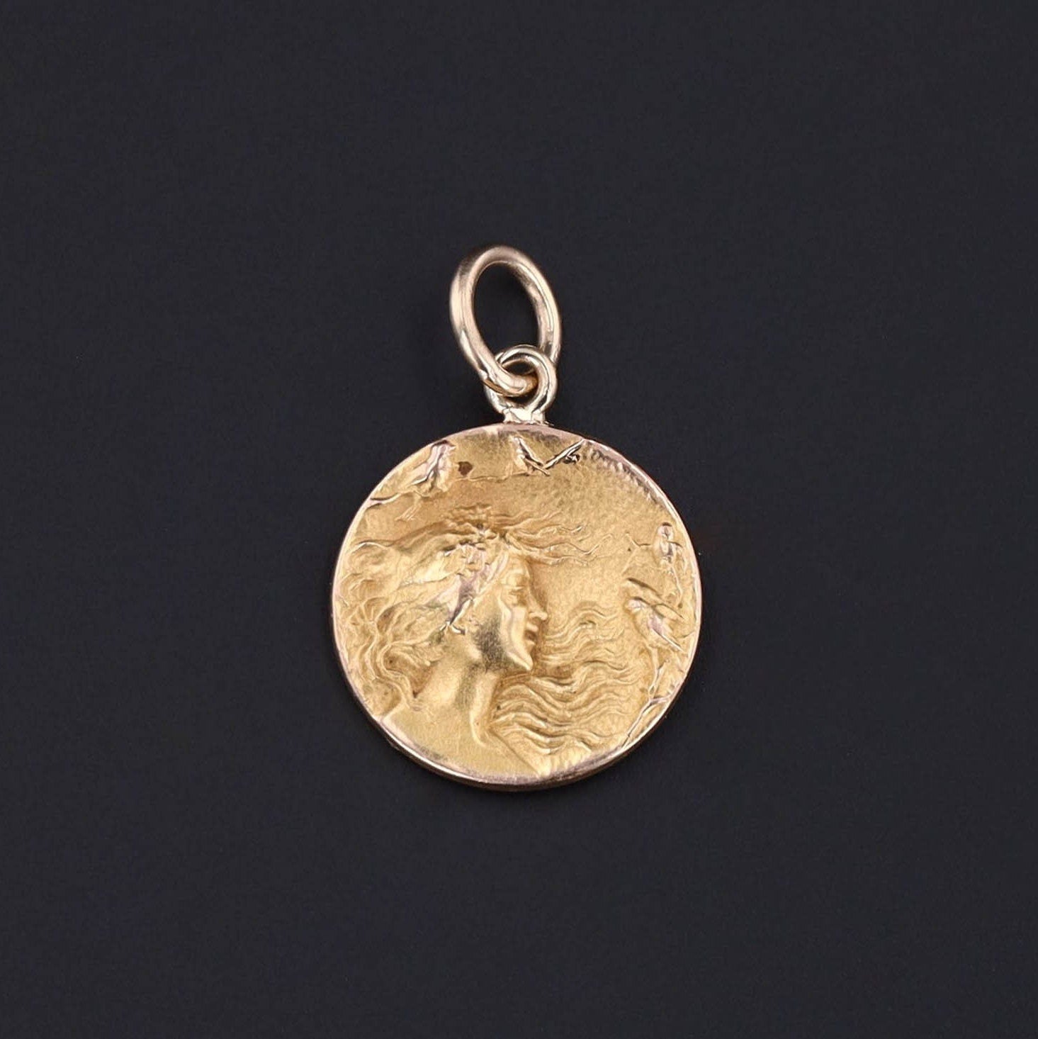 14k Gold Charm | Antique Woman with Birds Charm 