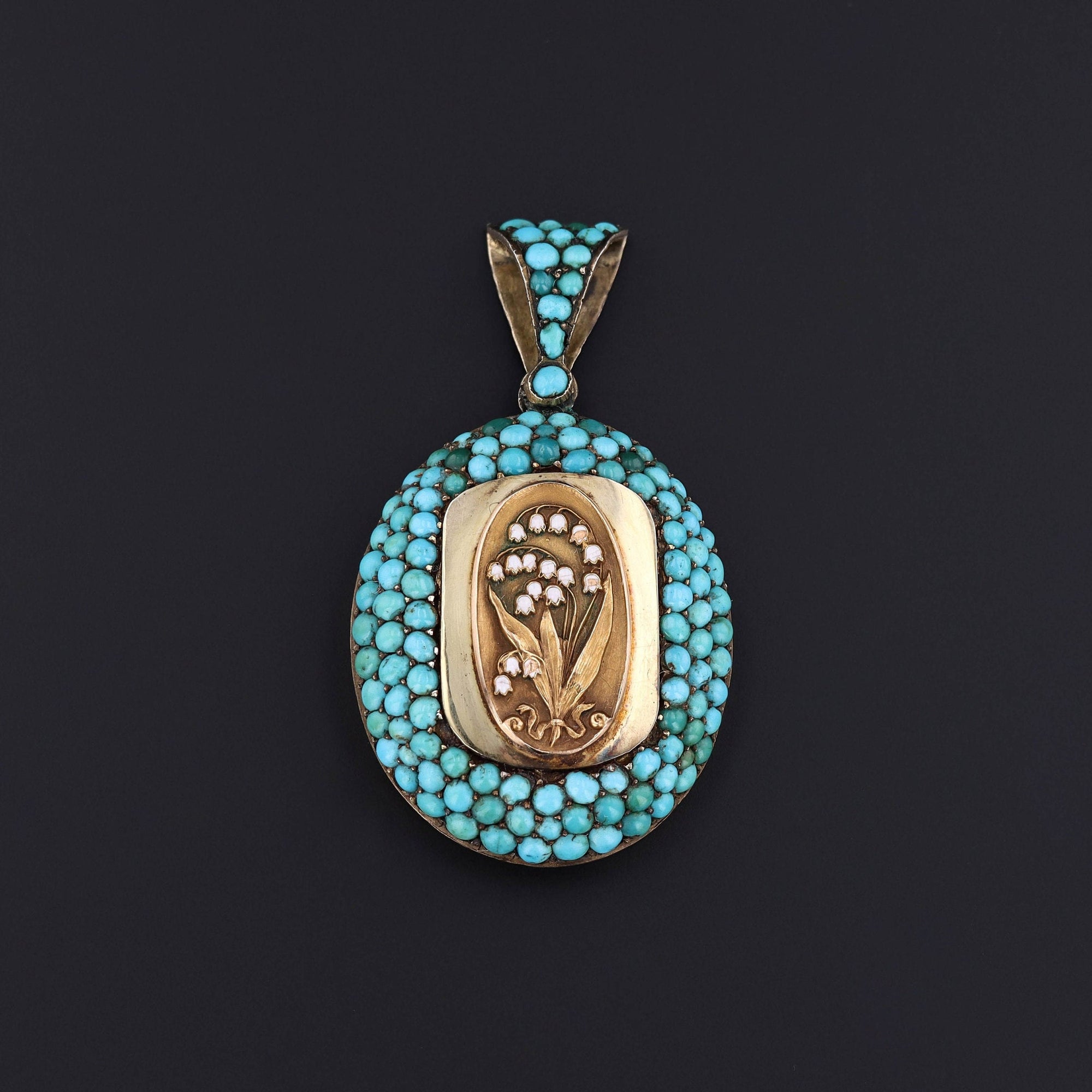 Antique Turquoise Locket with Enamel Lily of the Valley Flowers | Antique Locket 