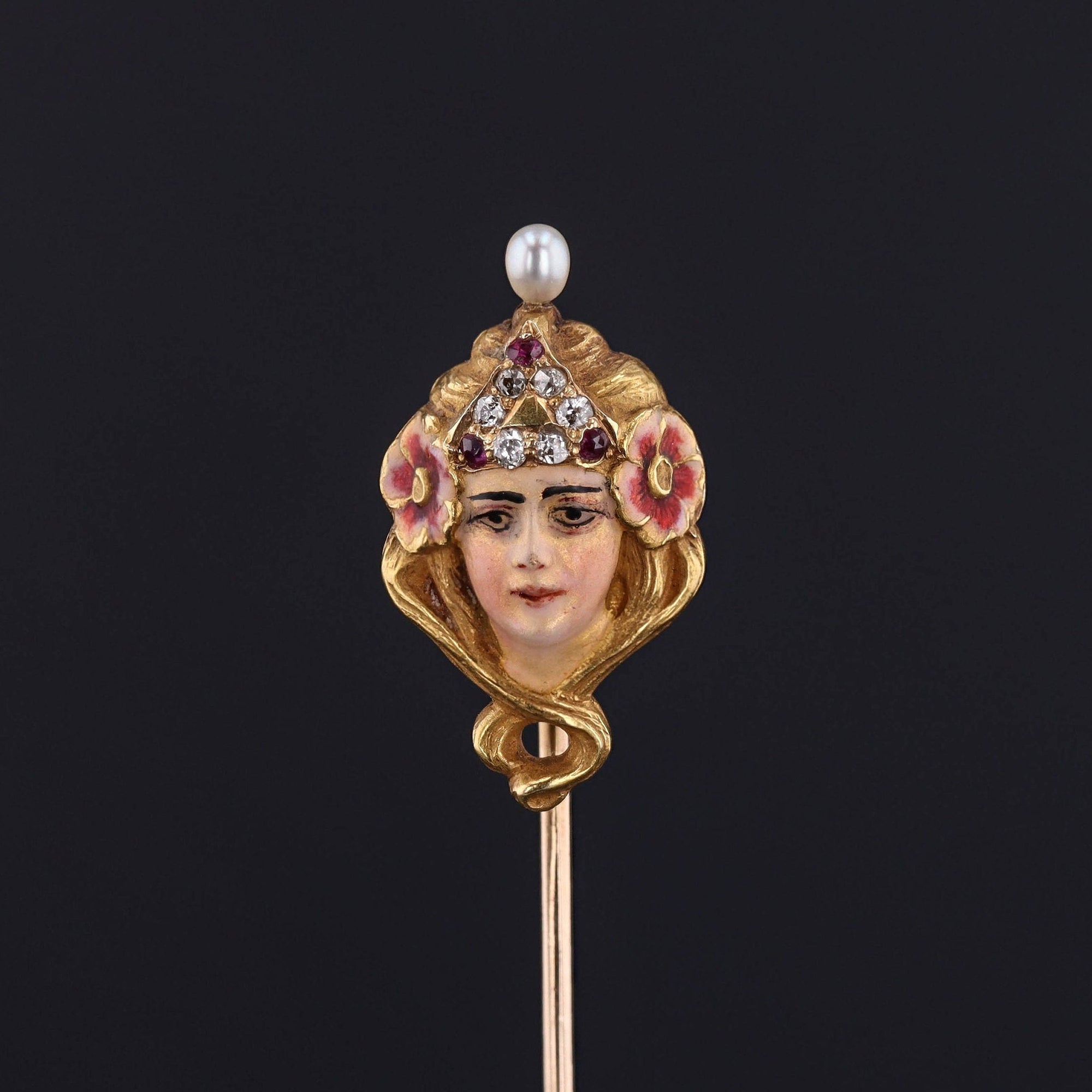 Antique Stickpin | Art Nouveau Enamel Woman Stickpin 