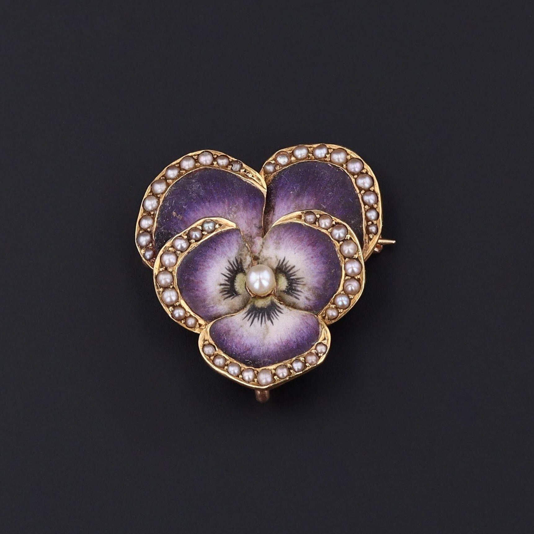Antique Pansy Brooch | Antique Enamel Pansy with Pearls 