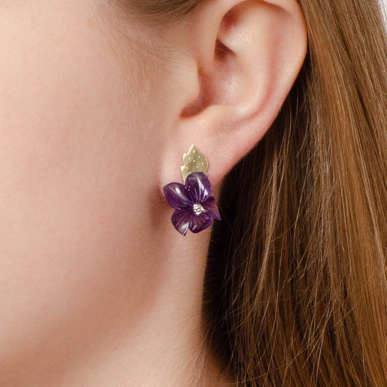 Vintage Amethyst & Diamond Flower Earrings | Amethyst Earrings 