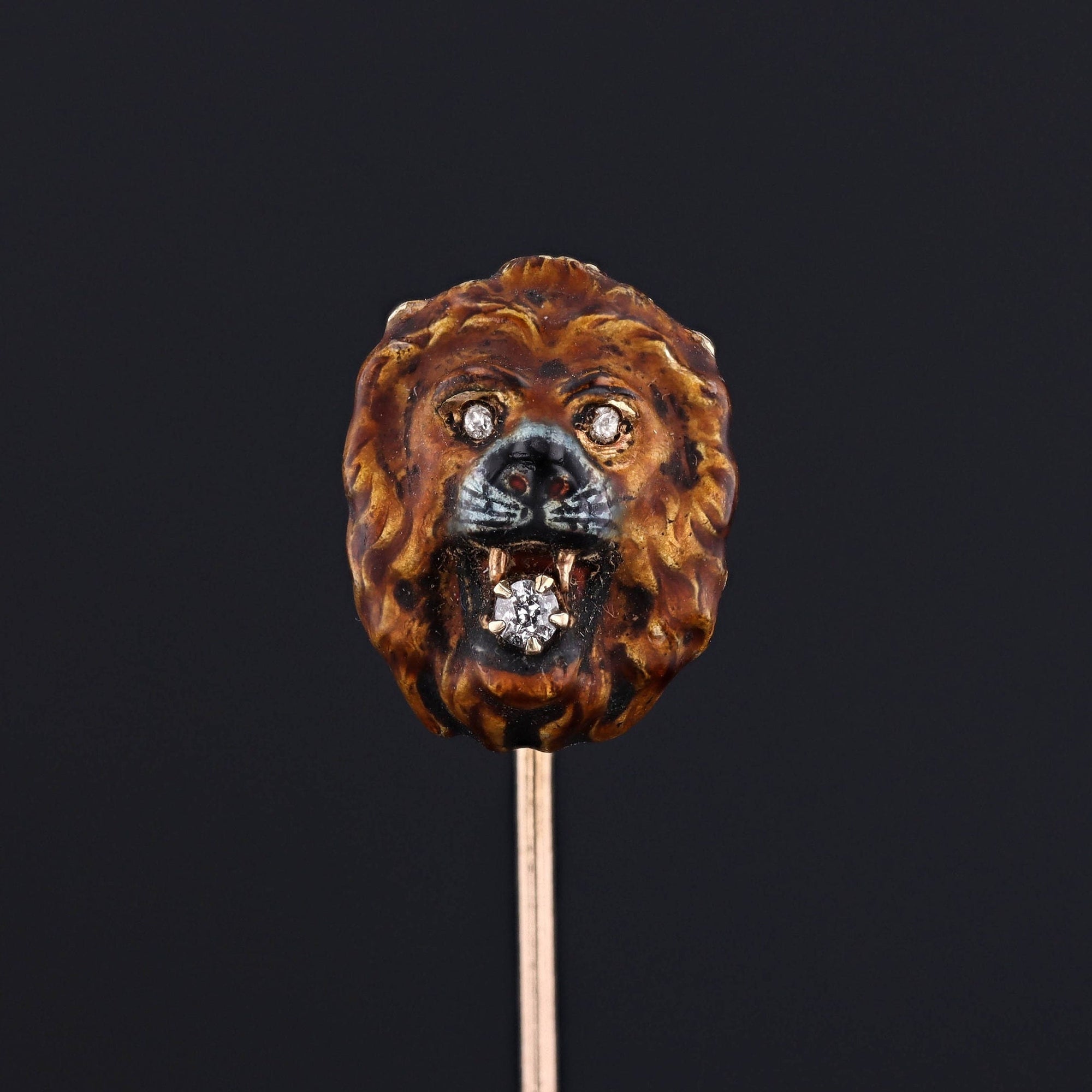 Antique Enamel Lion Stickpin | Antique 14k Gold Stickpin 