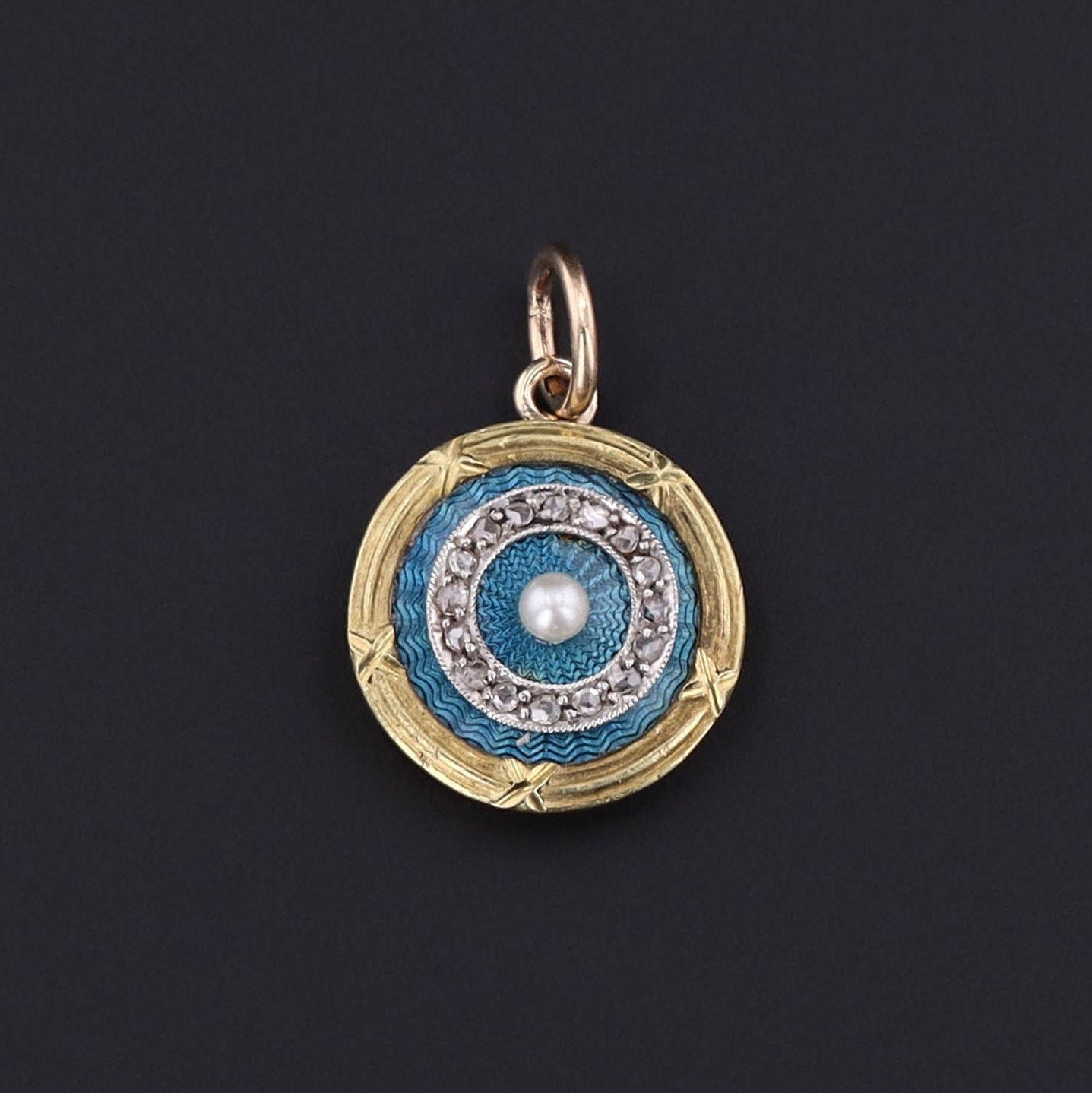 Antique Guilloche Enamel Diamond & Pearl Charm | Antique Pin Conversion Pendant 