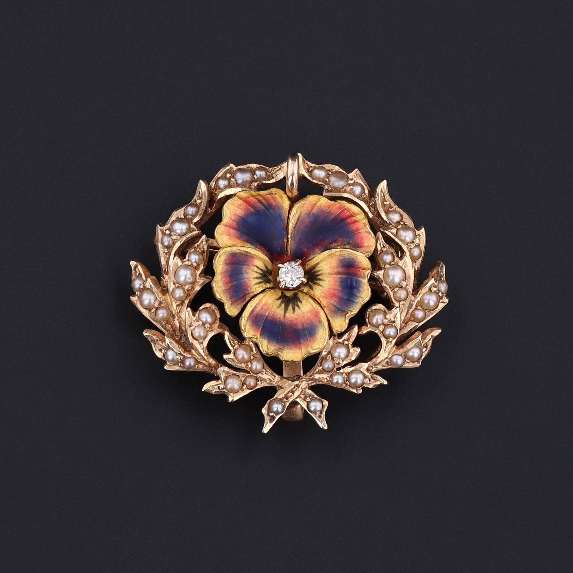 Antique Art Nouveau Enamel Flower Brooch | Antique Brooch 