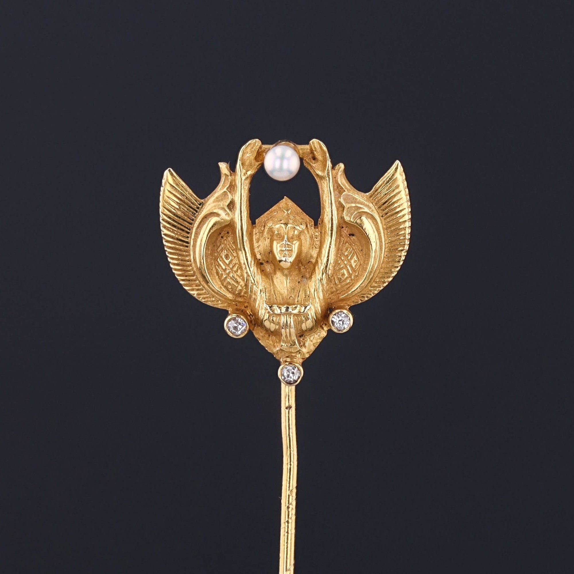 Egyptian Revival Stickpin | 14k Gold, Pearl & Diamond Stickpin 