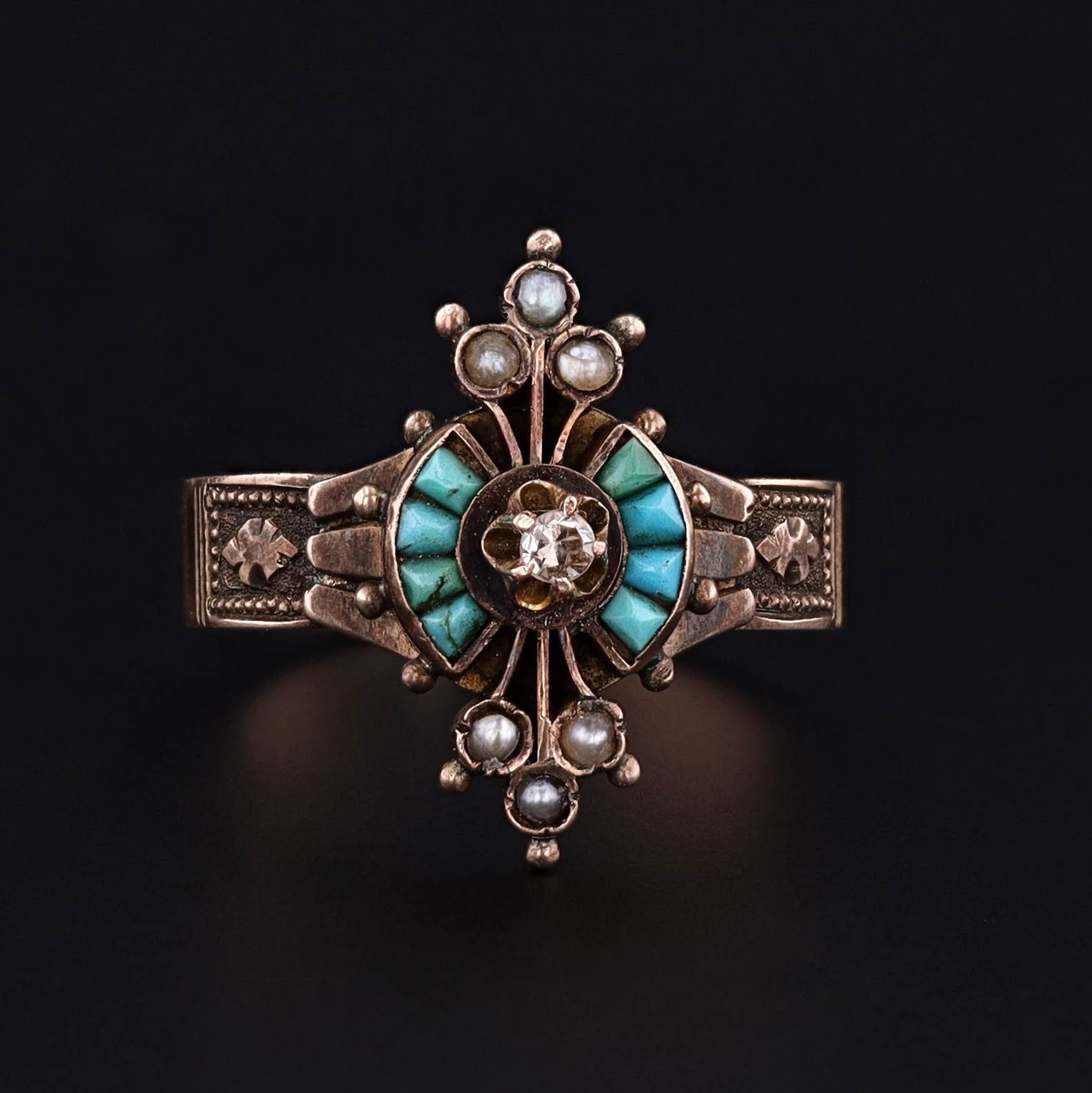 Victorian Ring | 10k Gold, Turquoise, Pearl & Diamond Ring 