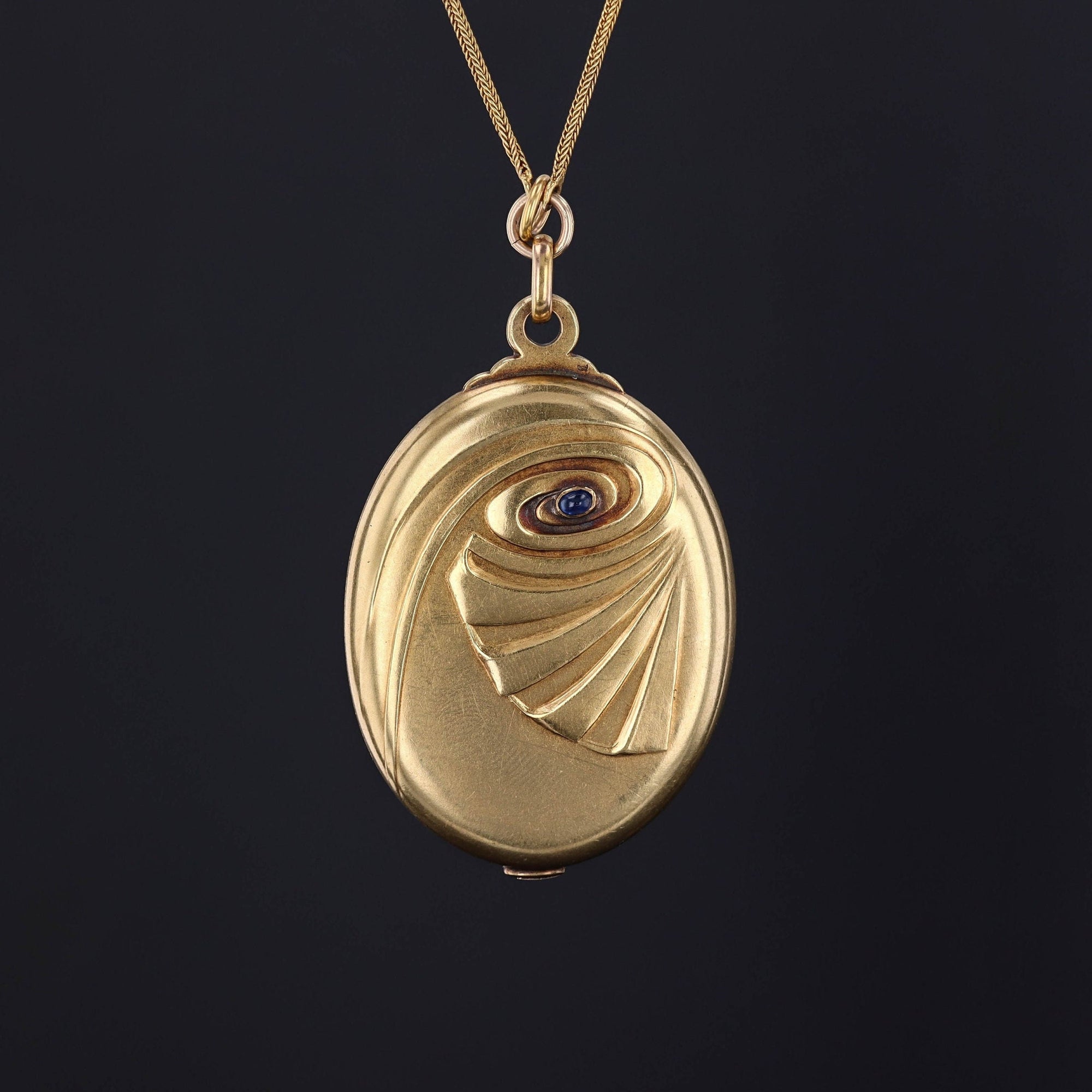 Antique Sliding Mirror Pendant Necklace | 14k Gold & Sapphire 